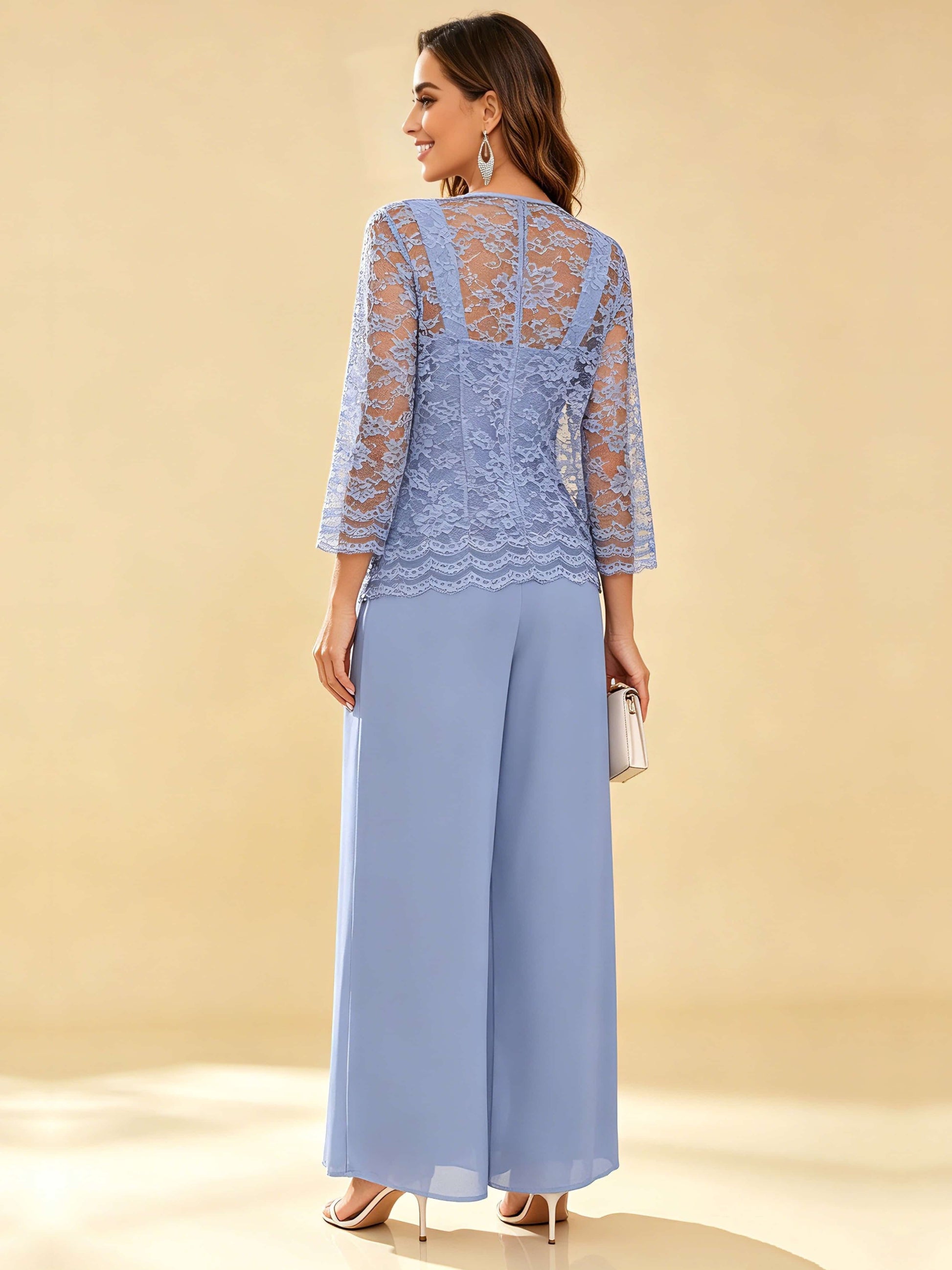 Chiffon Lace Flowy 3 Pieces Mother of The Bride Pant Suits Women Wedding