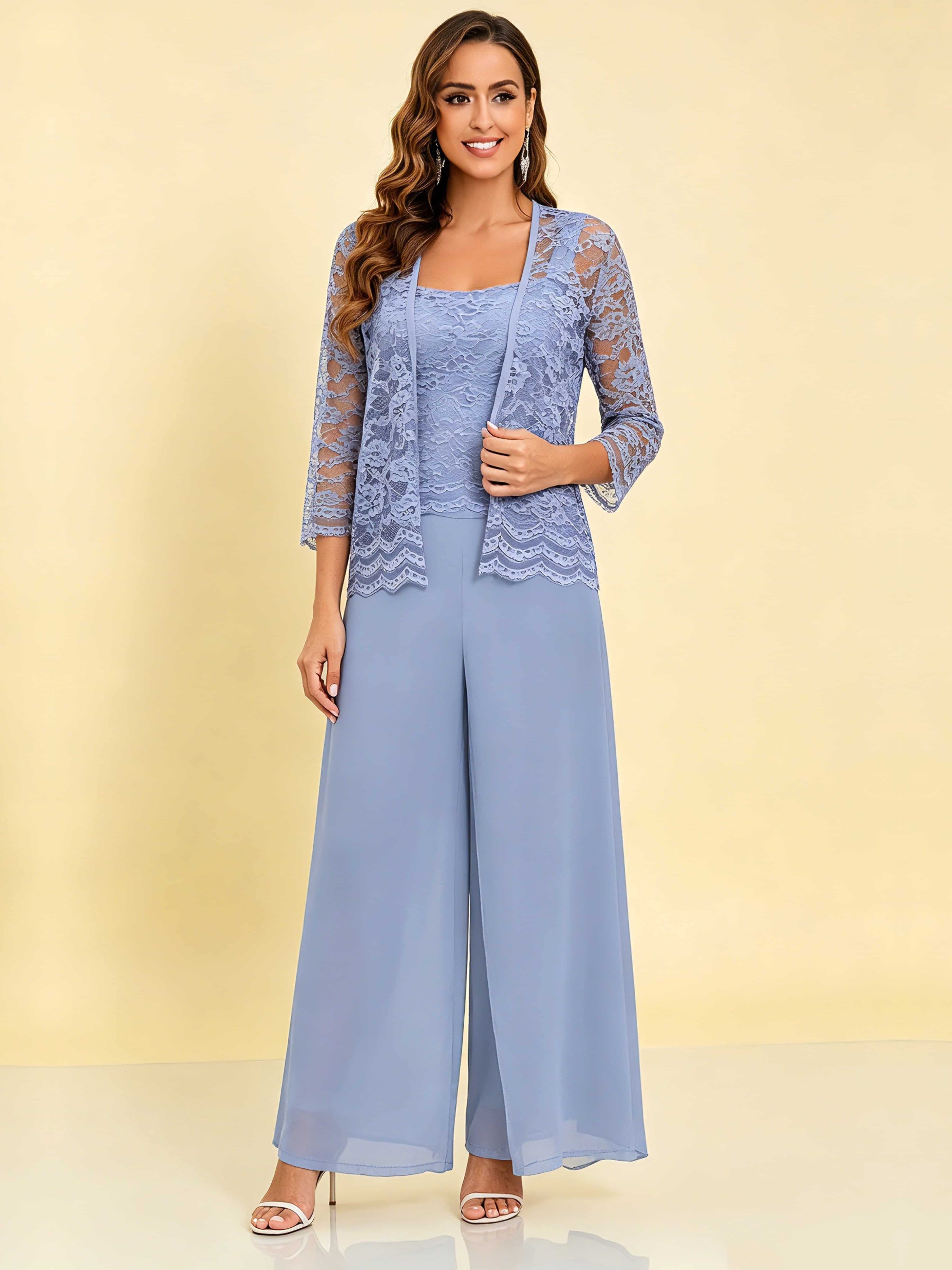 Chiffon Lace Flowy 3 Pieces Mother of The Bride Pant Suits Women Wedding