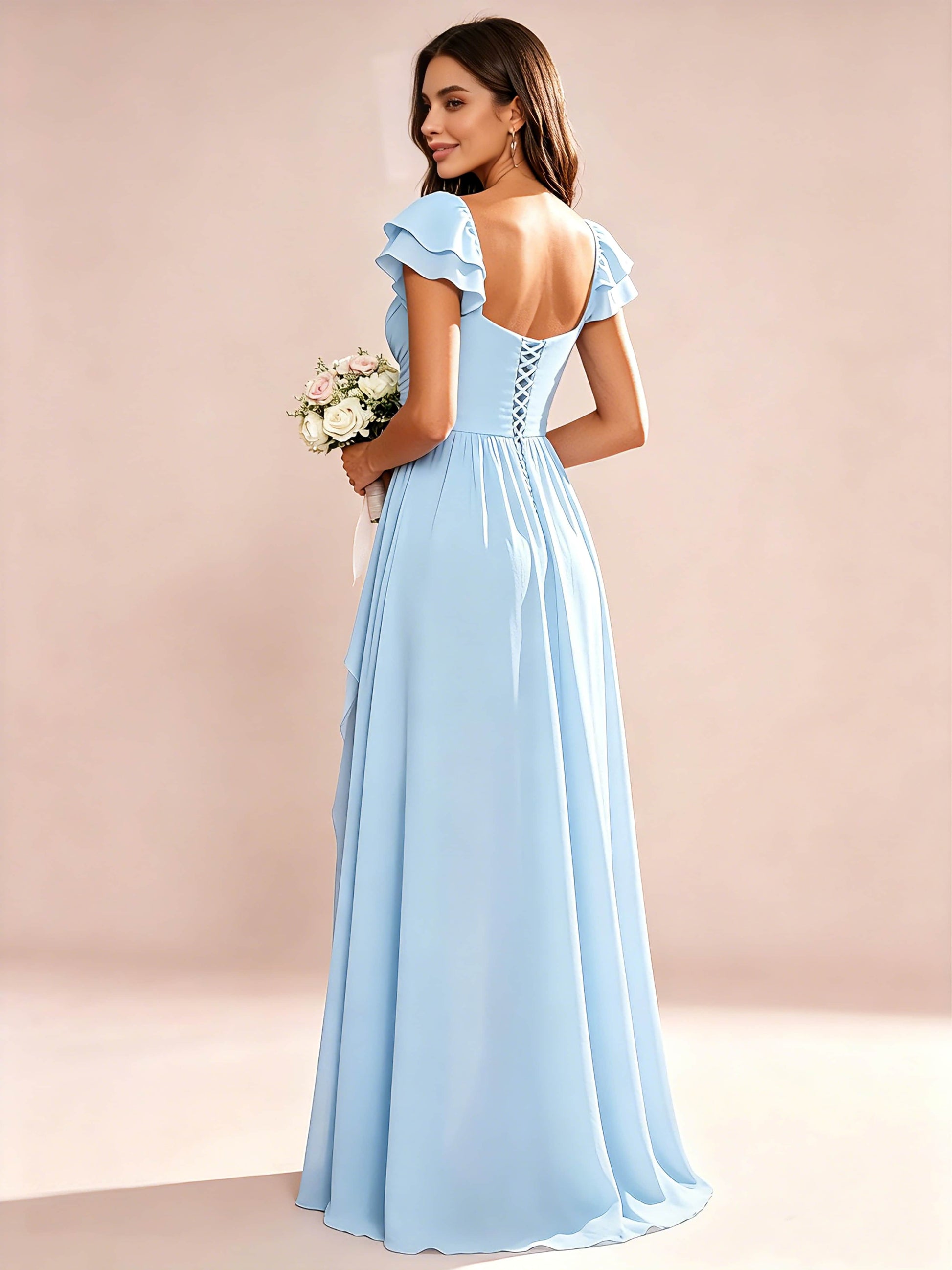 Chiffon Sweetheart Neck Ruched Bust Bridesmaid Dresses with Ruffle Slit