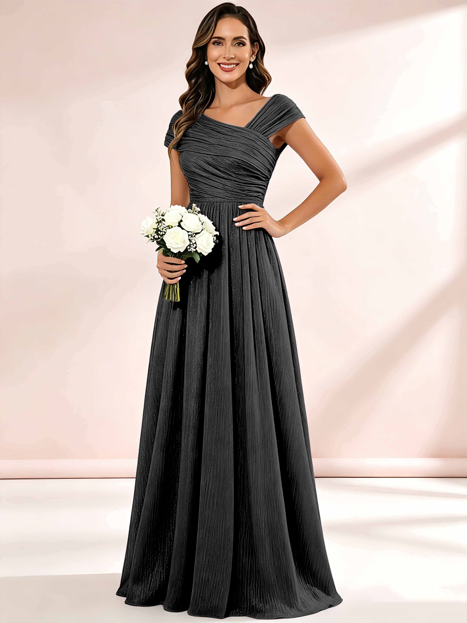Shiny Striped Chiffon Ruched Cap Sleeve Mother of The Bride Dress
