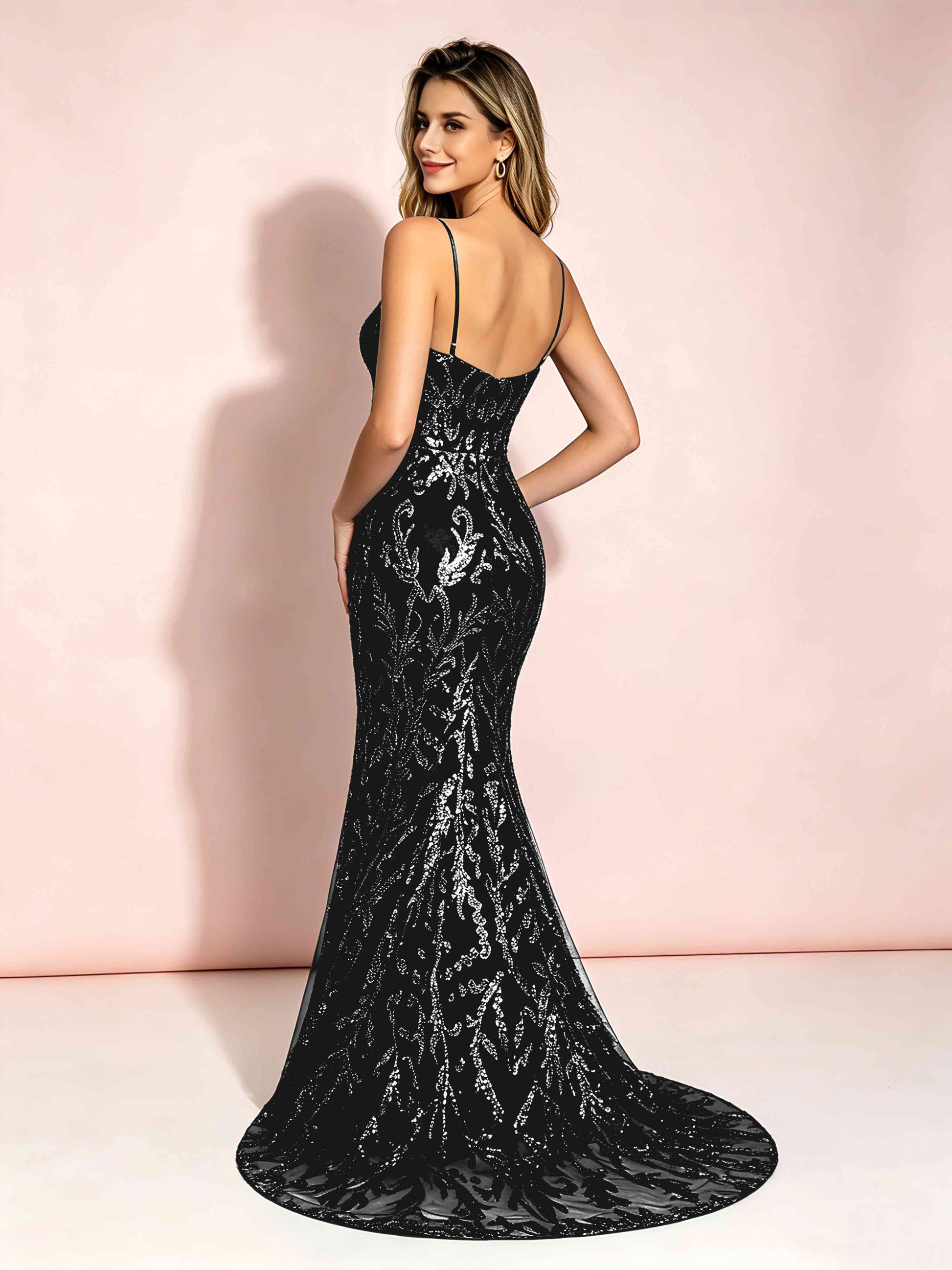 Mermaid V-Neck Sweep Train Sequin Sparkly Prom Dresses with Slit