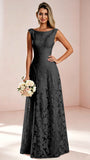 Boat Neck Jacquard Chiffon Floor Length Bridesmaid Dresses