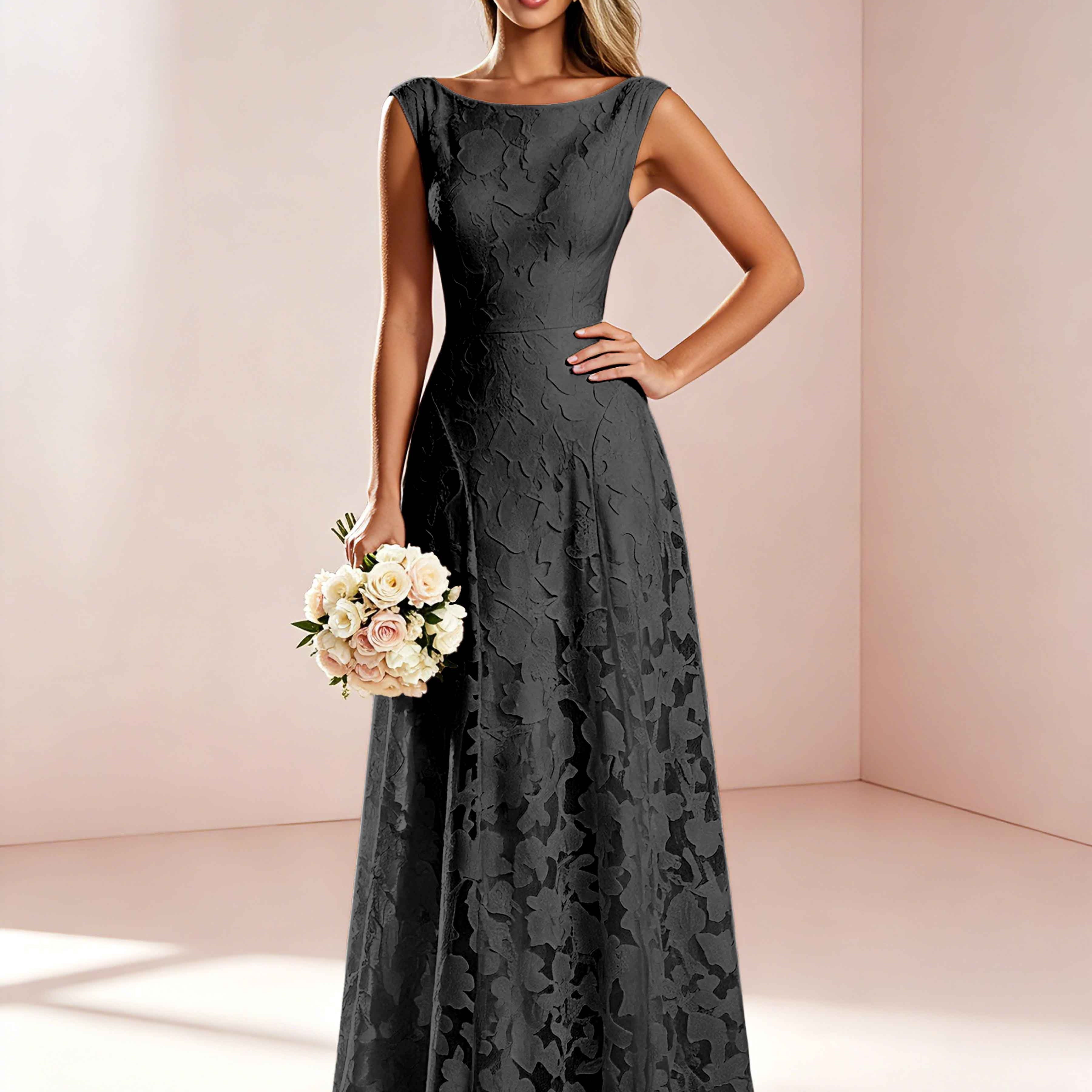 Boat Neck Jacquard Chiffon Floor Length Bridesmaid Dresses