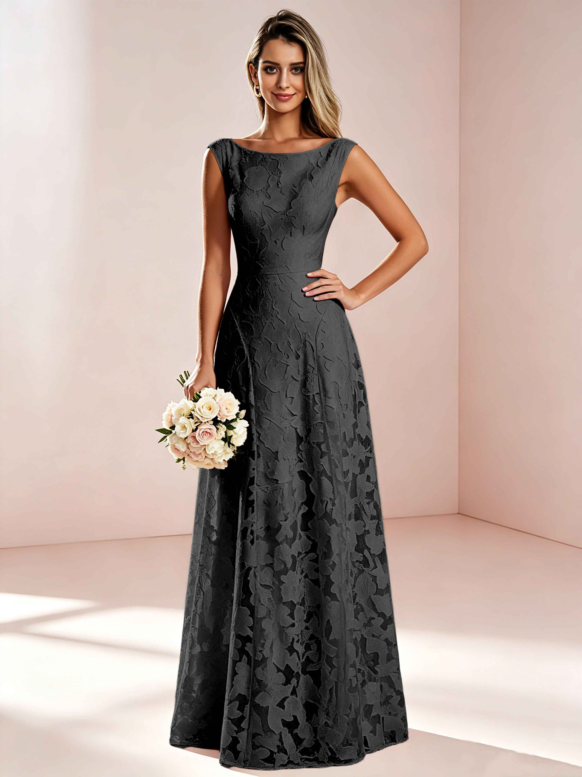 Boat Neck Jacquard Chiffon Floor Length Bridesmaid Dresses