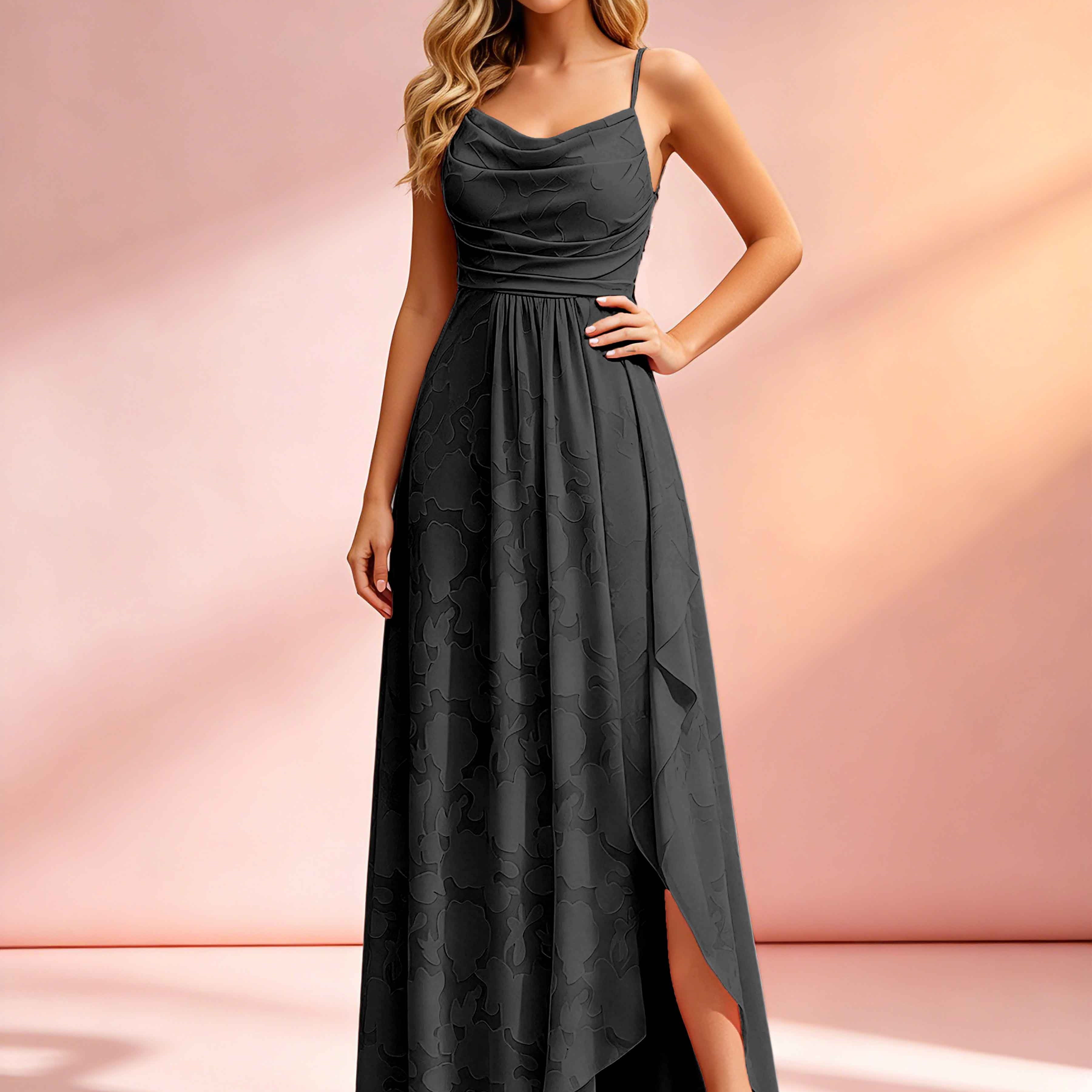 Jacquard Chiffon Cowl Neck Bridesmaid Dresses with Ruffle Slit