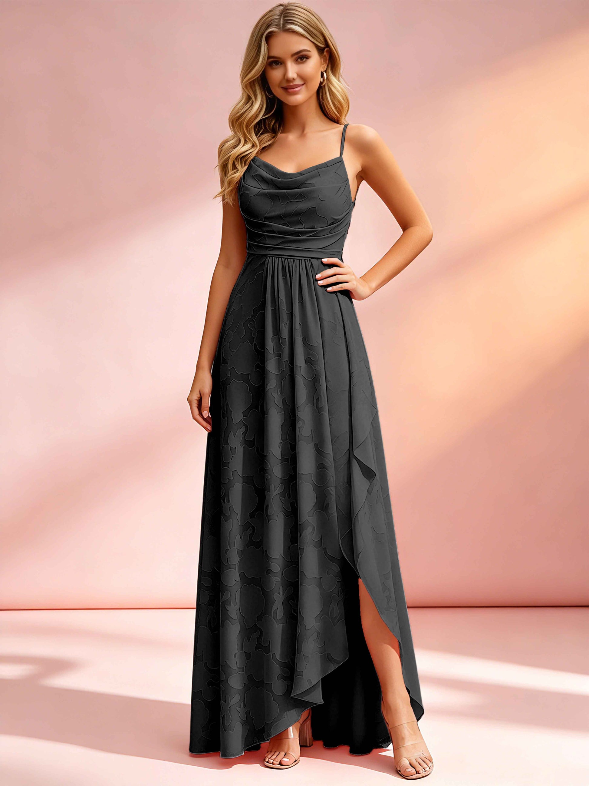 Jacquard Chiffon Cowl Neck Bridesmaid Dresses with Ruffle Slit