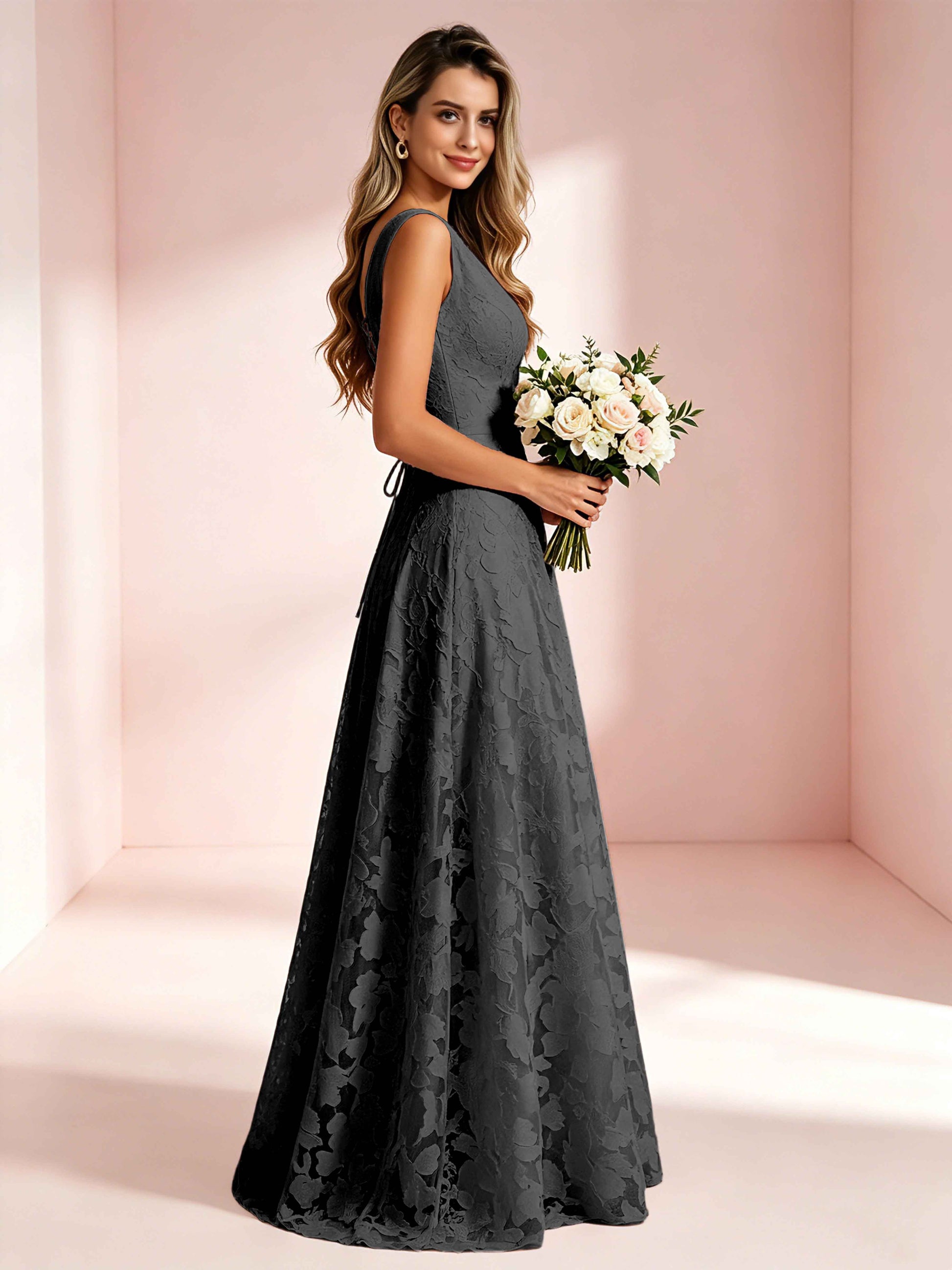 Boat Neck Jacquard Chiffon Floor Length Bridesmaid Dresses