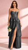 Satin Tiered Corset Bridesmaid Dresses Formal Evening Gown