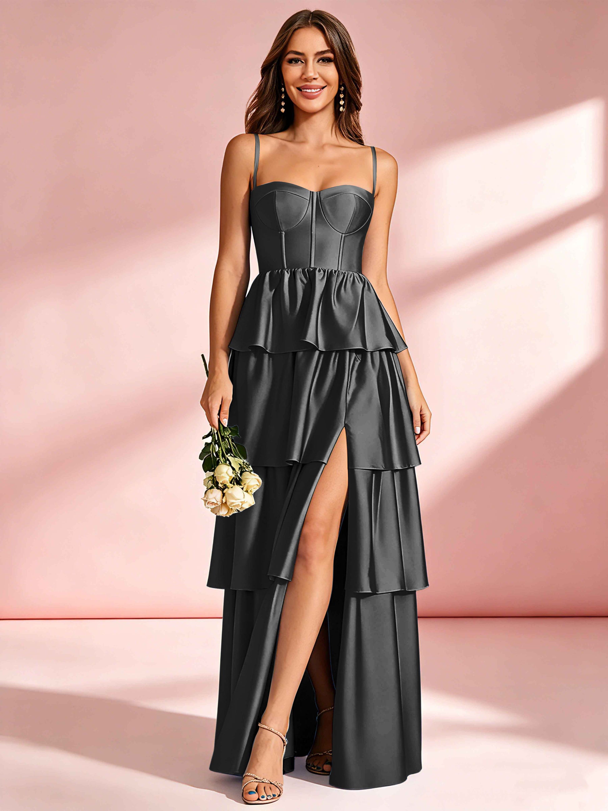 Satin Tiered Corset Bridesmaid Dresses Formal Evening Gown