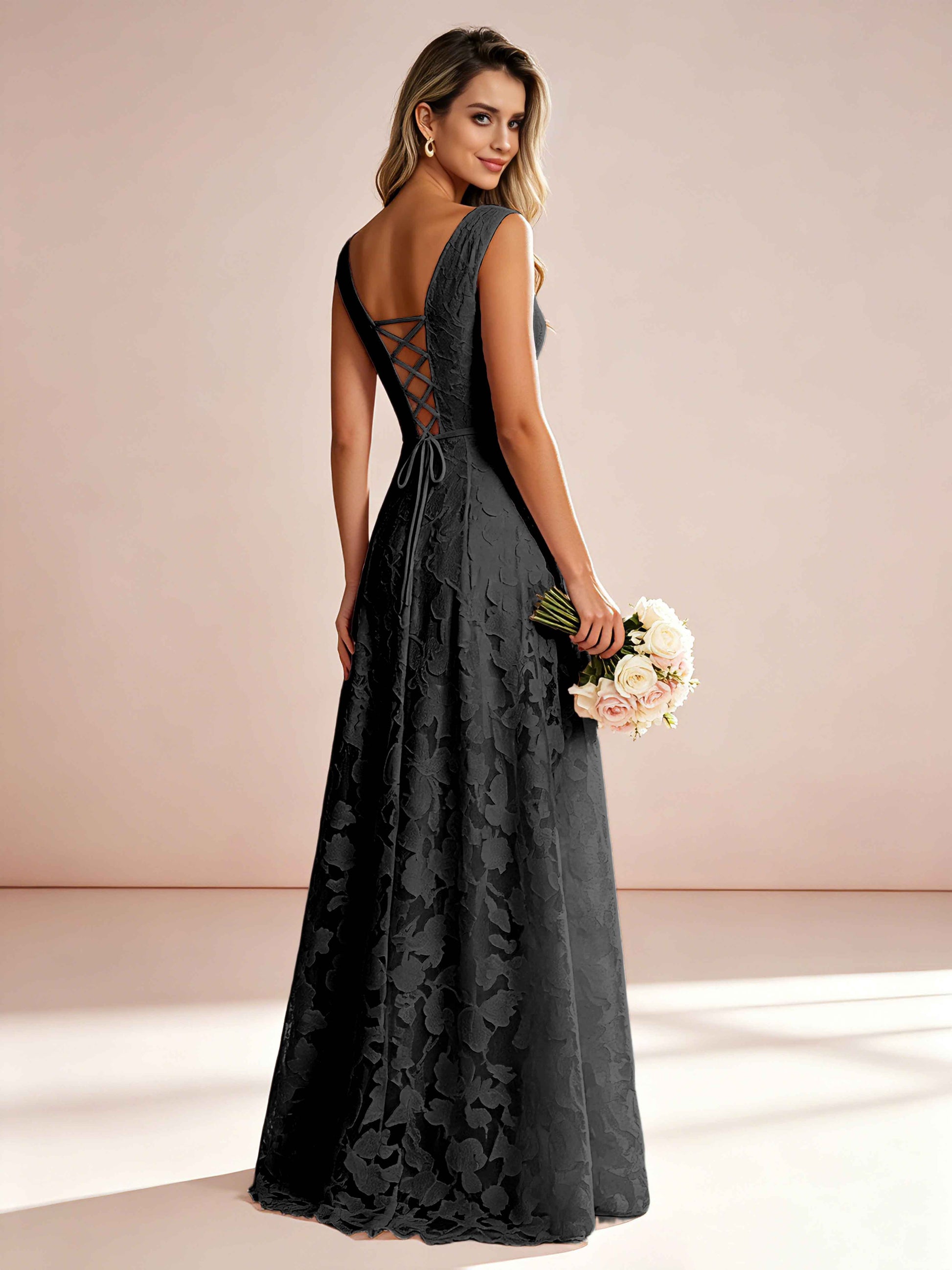 Boat Neck Jacquard Chiffon Floor Length Bridesmaid Dresses
