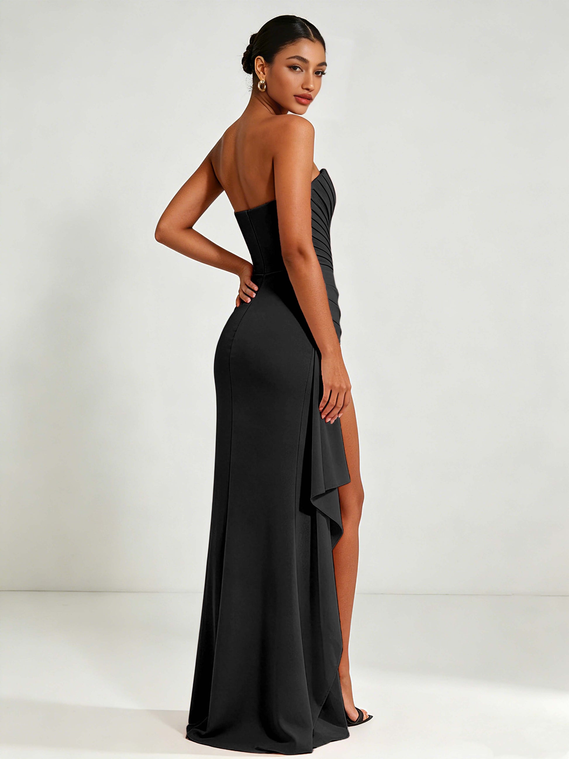 Strapless Ruched Bust Prom Dresses with Ruffle Slit