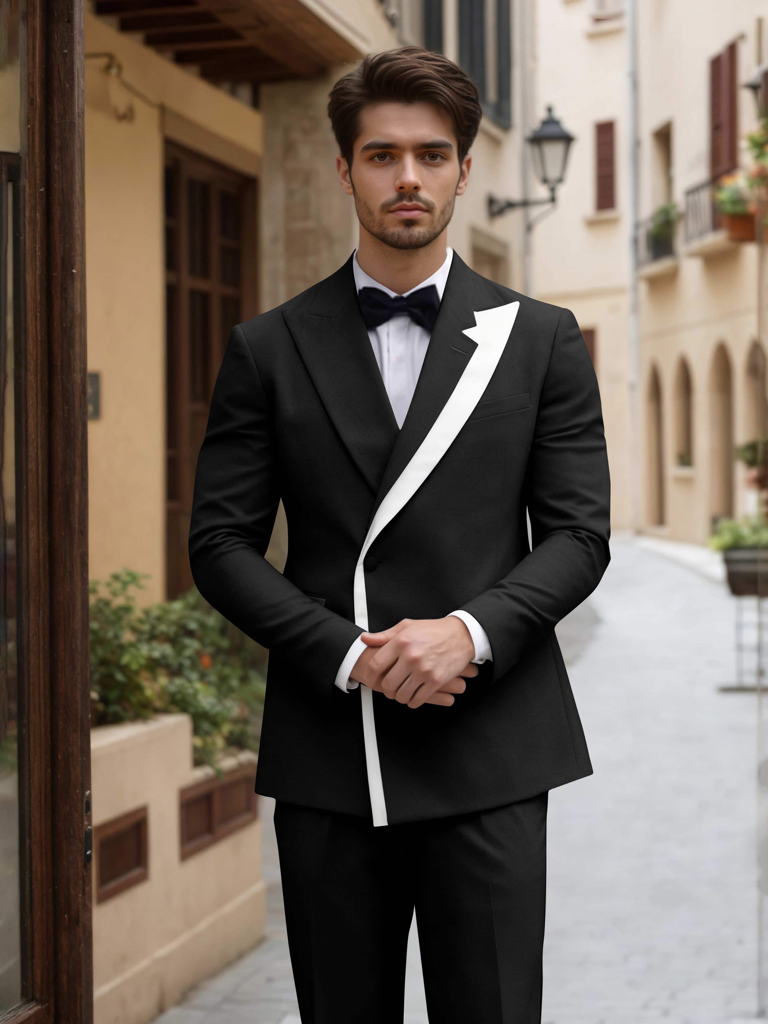 Trim Detail Timeless Peak Lapel Men's One Button 2 Pieces Wedding Suits