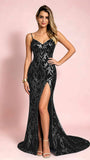 Mermaid V-Neck Sweep Train Sequin Sparkly Prom Dresses with Slit