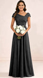 Shiny Striped Chiffon Ruched Cap Sleeve Mother of The Bride Dress