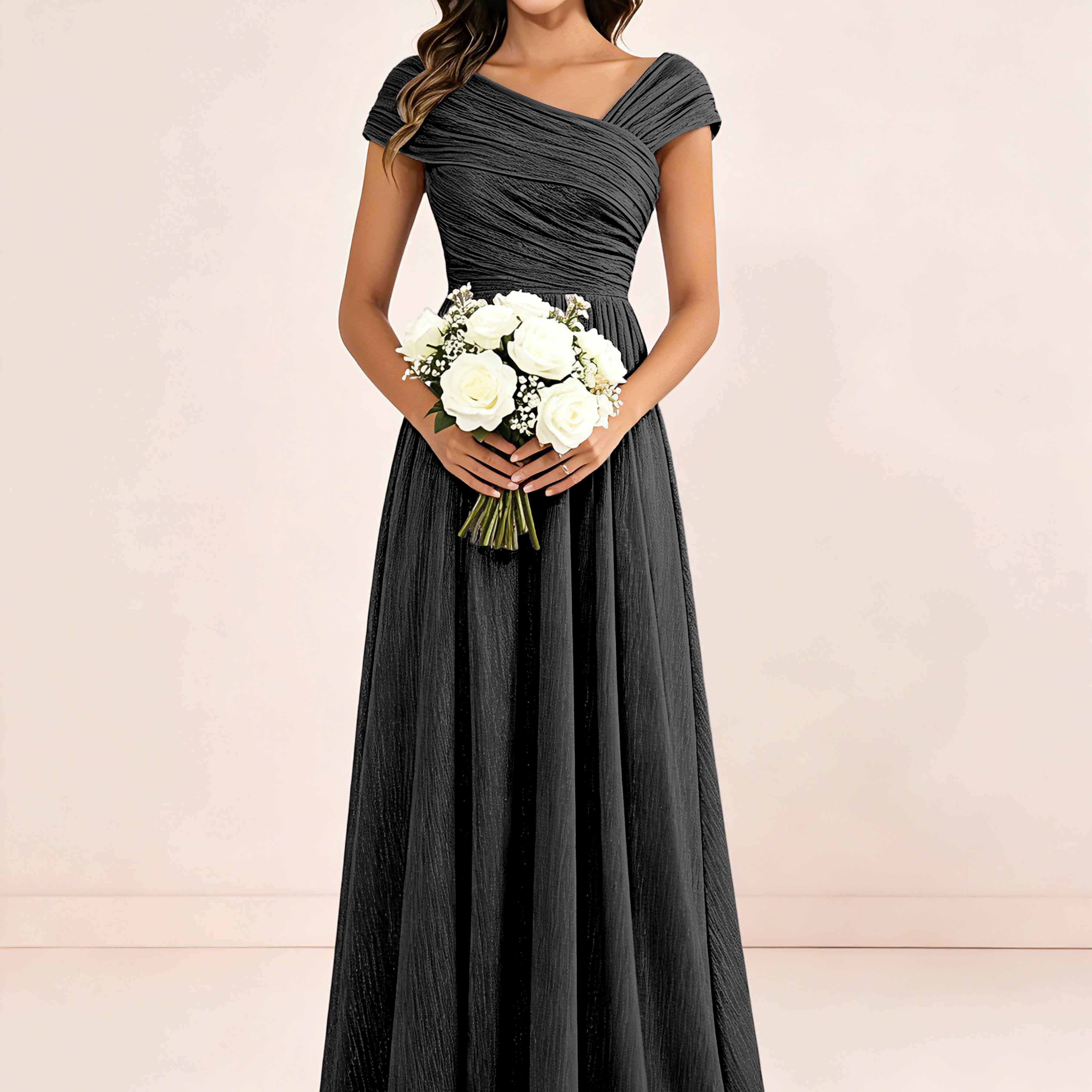 Shiny Striped Chiffon Ruched Cap Sleeve Mother of The Bride Dress