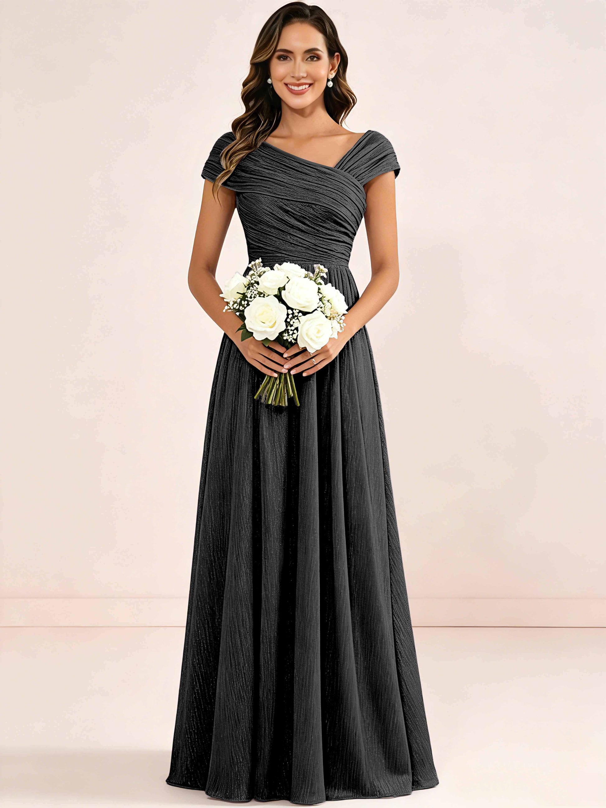 Shiny Striped Chiffon Ruched Cap Sleeve Mother of The Bride Dress