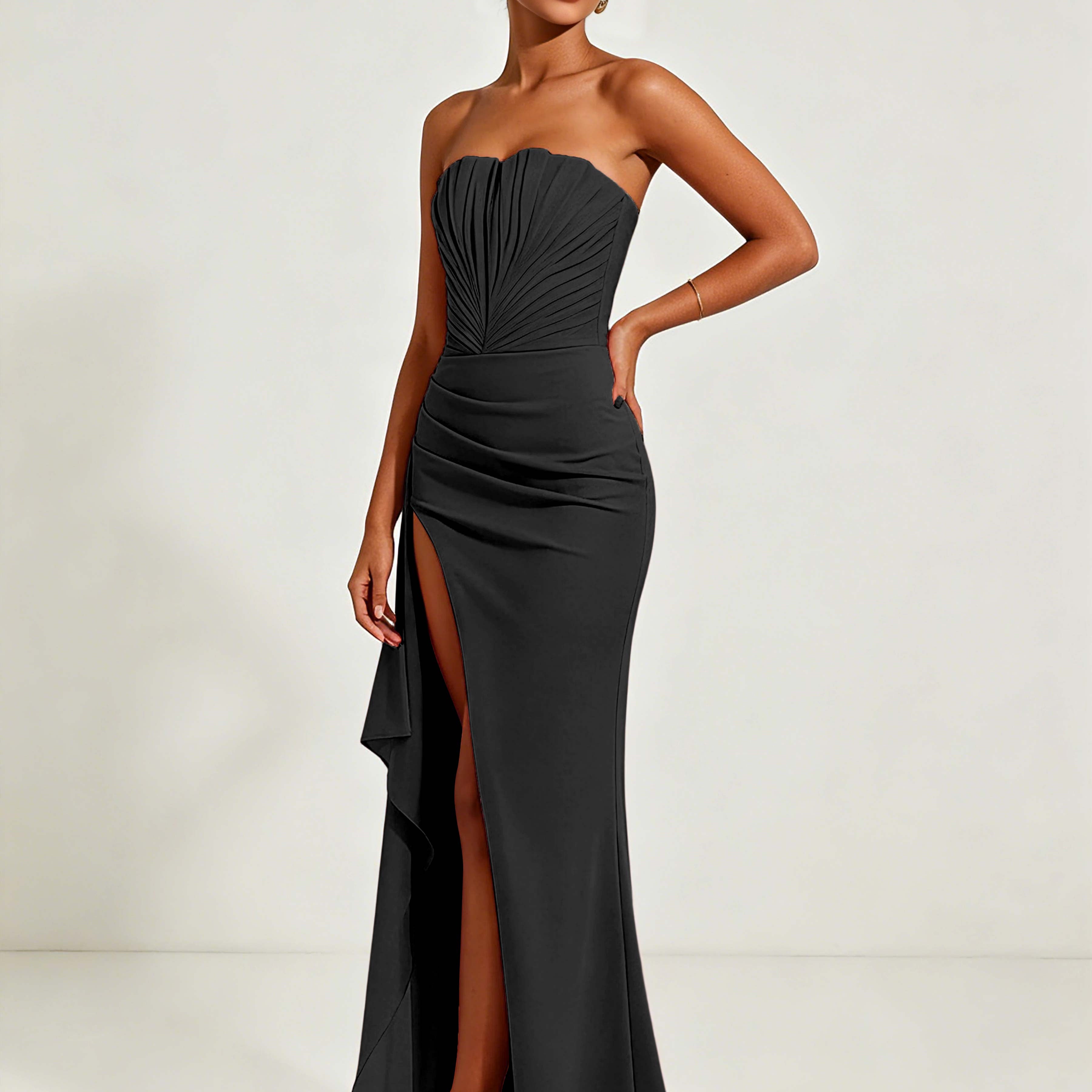 Strapless Ruched Bust Prom Dresses with Ruffle Slit