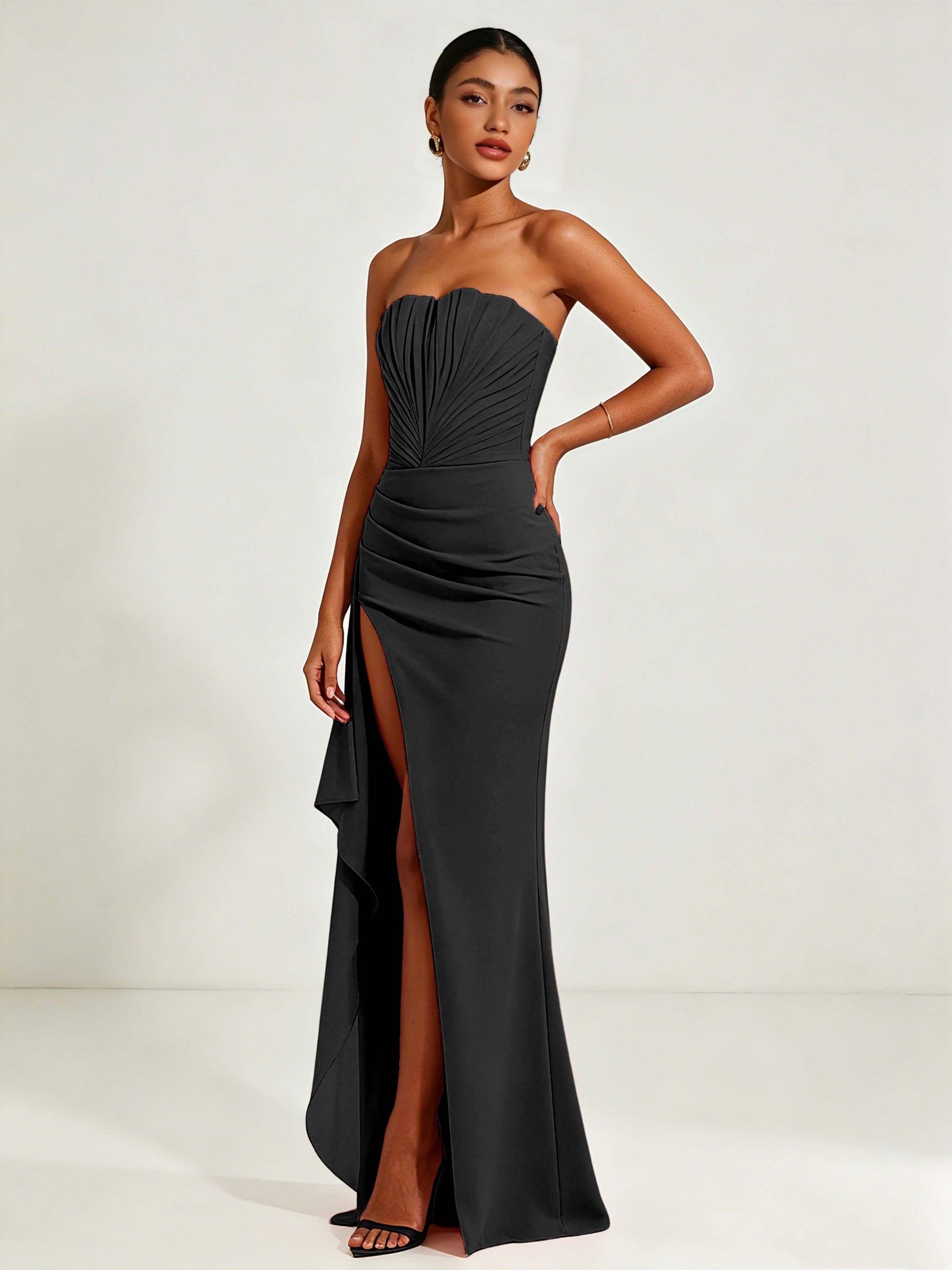 Strapless Ruched Bust Prom Dresses with Ruffle Slit