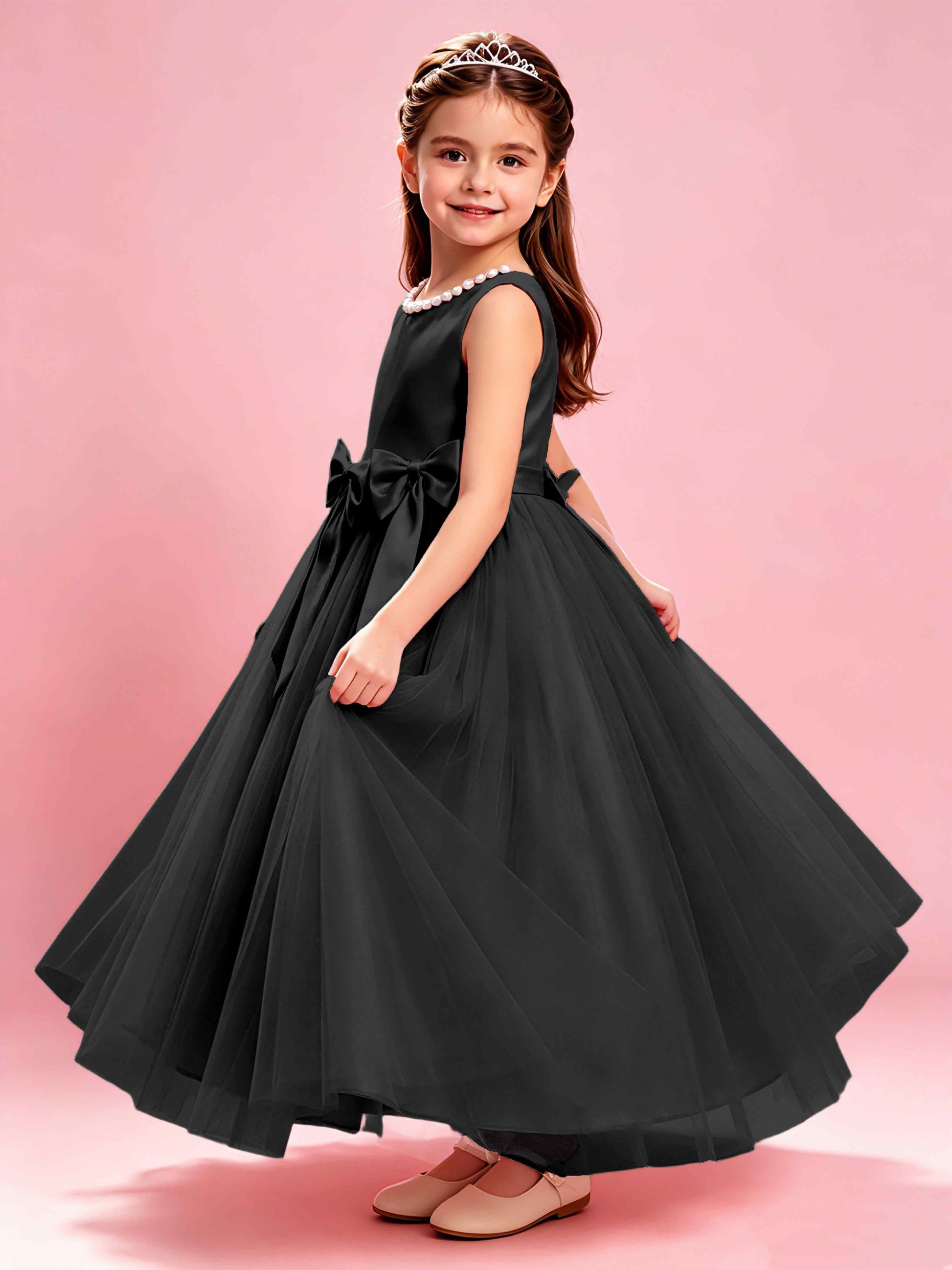 Satin Tulle Flower Girl Dress with Bow Princess Girls Pageant Gowns