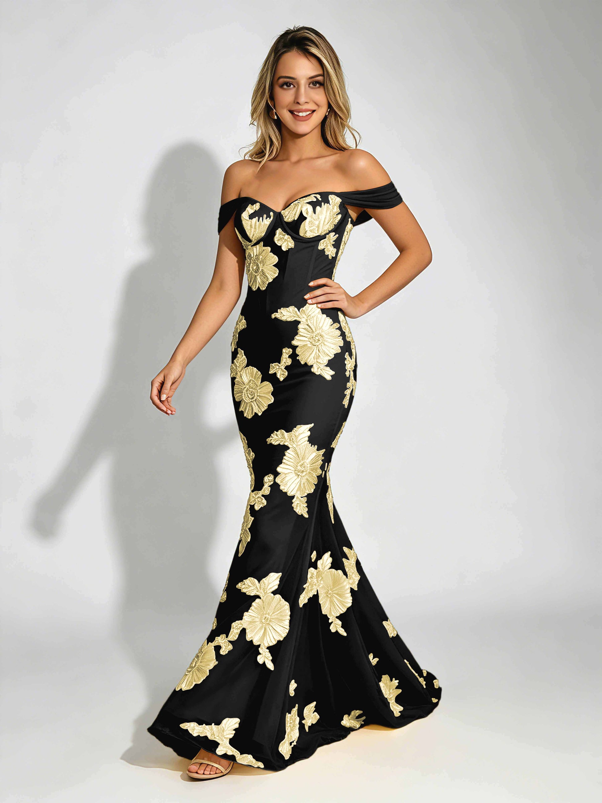 Embroidery Mesh Prom Dress for Teen Off Shoulder Formal Party Gown