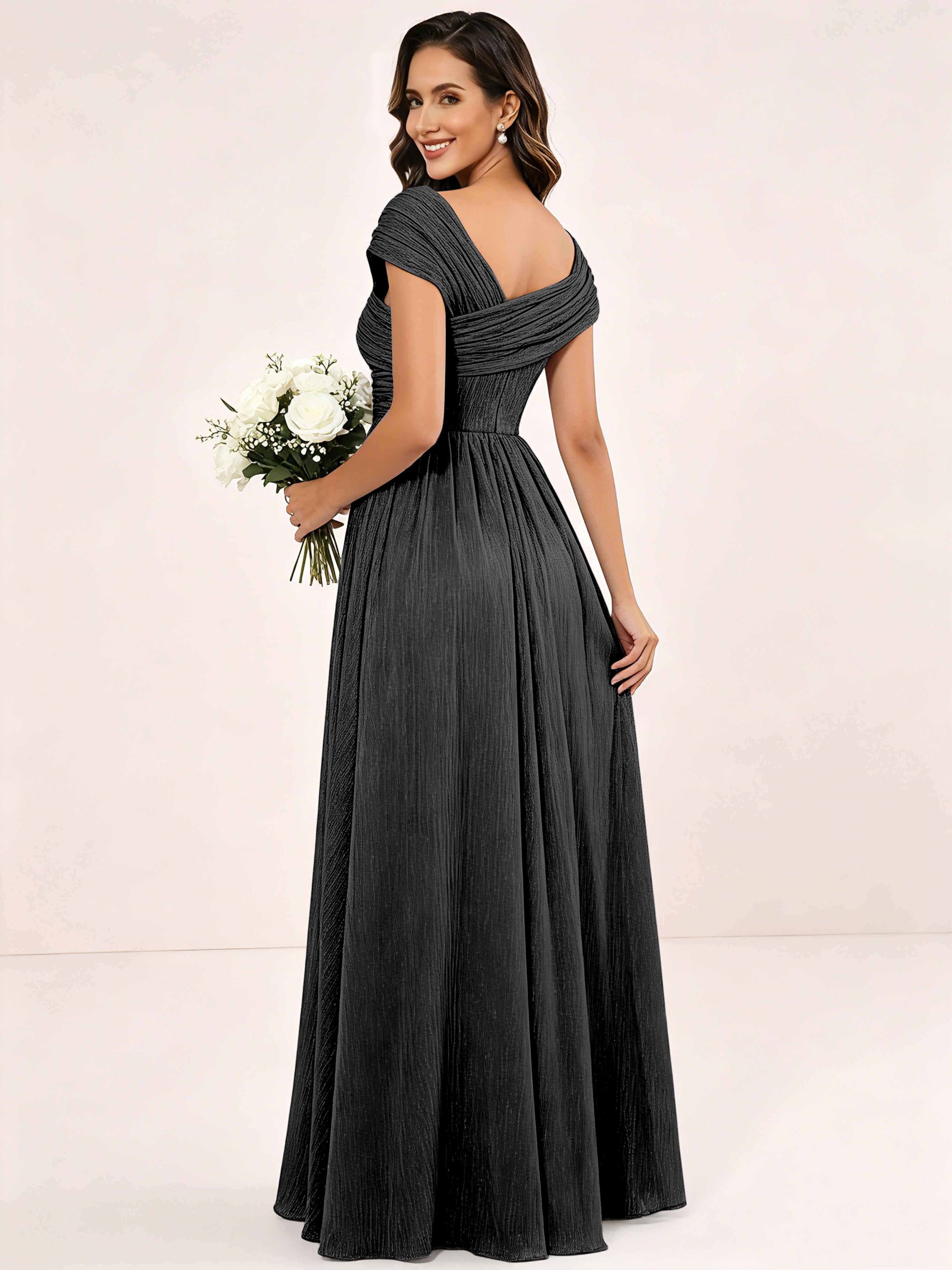 Shiny Striped Chiffon Ruched Cap Sleeve Mother of The Bride Dress