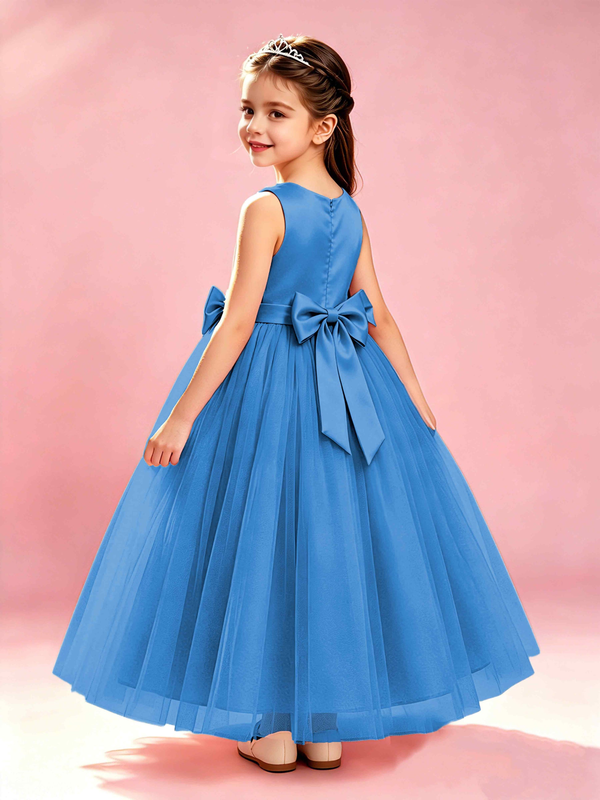 Satin Tulle Flower Girl Dress with Bow Princess Girls Pageant Gowns