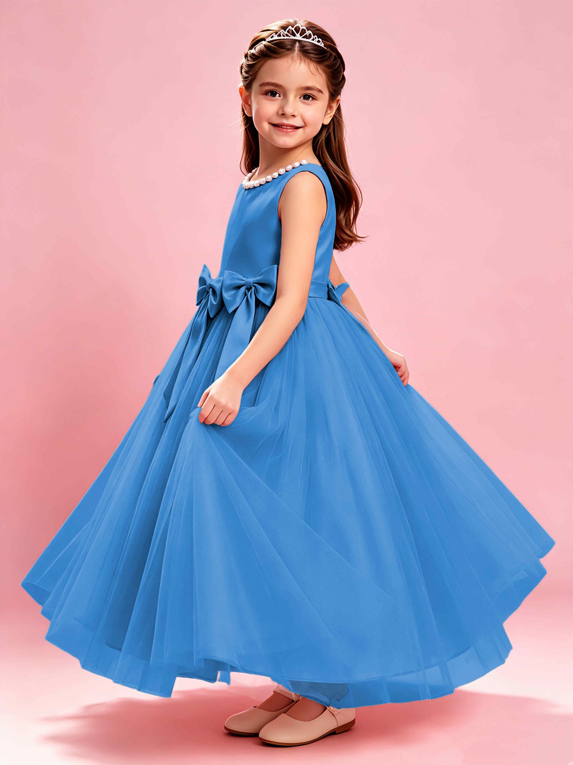 Satin Tulle Flower Girl Dress with Bow Princess Girls Pageant Gowns