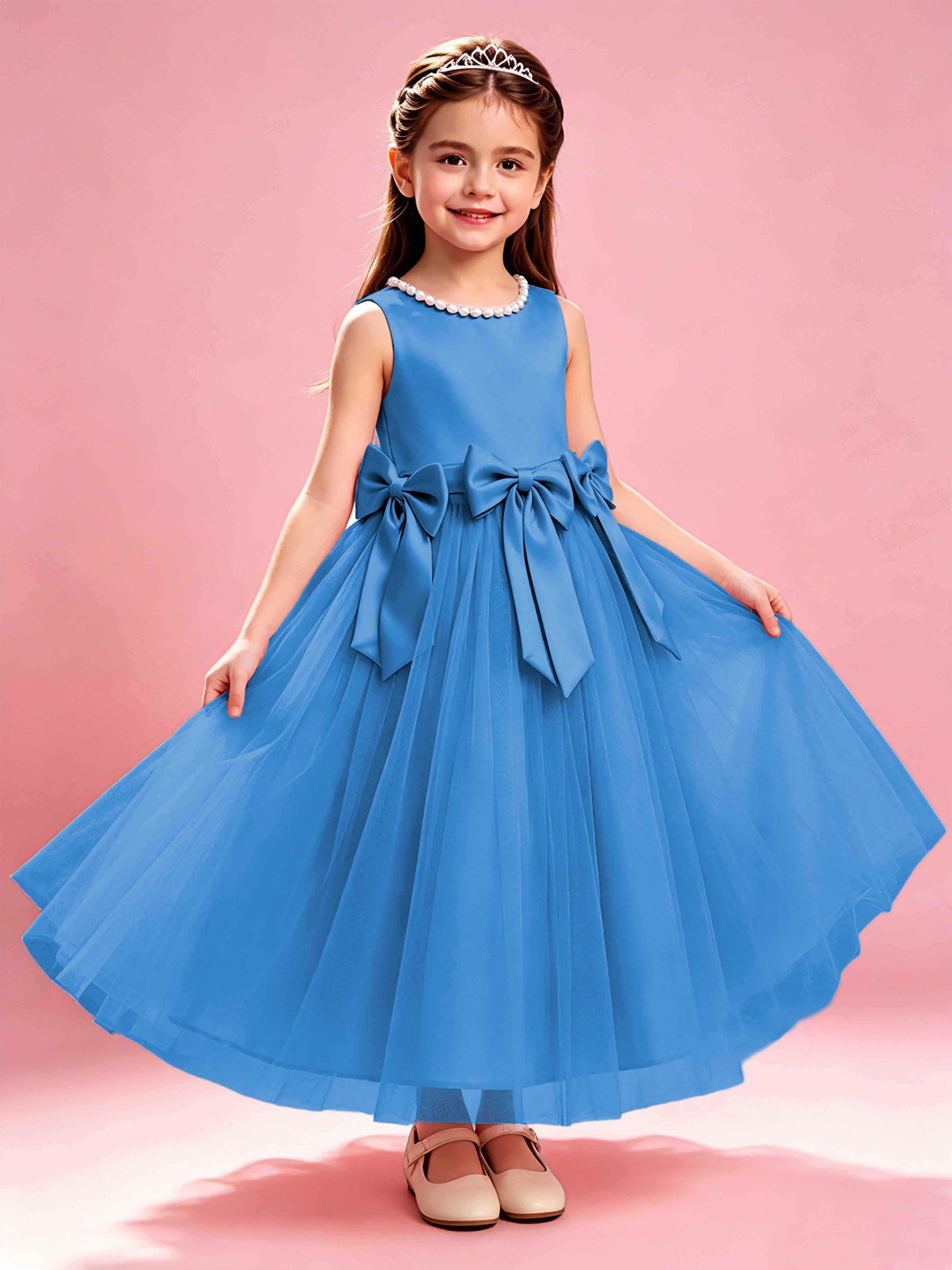 Satin Tulle Flower Girl Dress with Bow Princess Girls Pageant Gowns