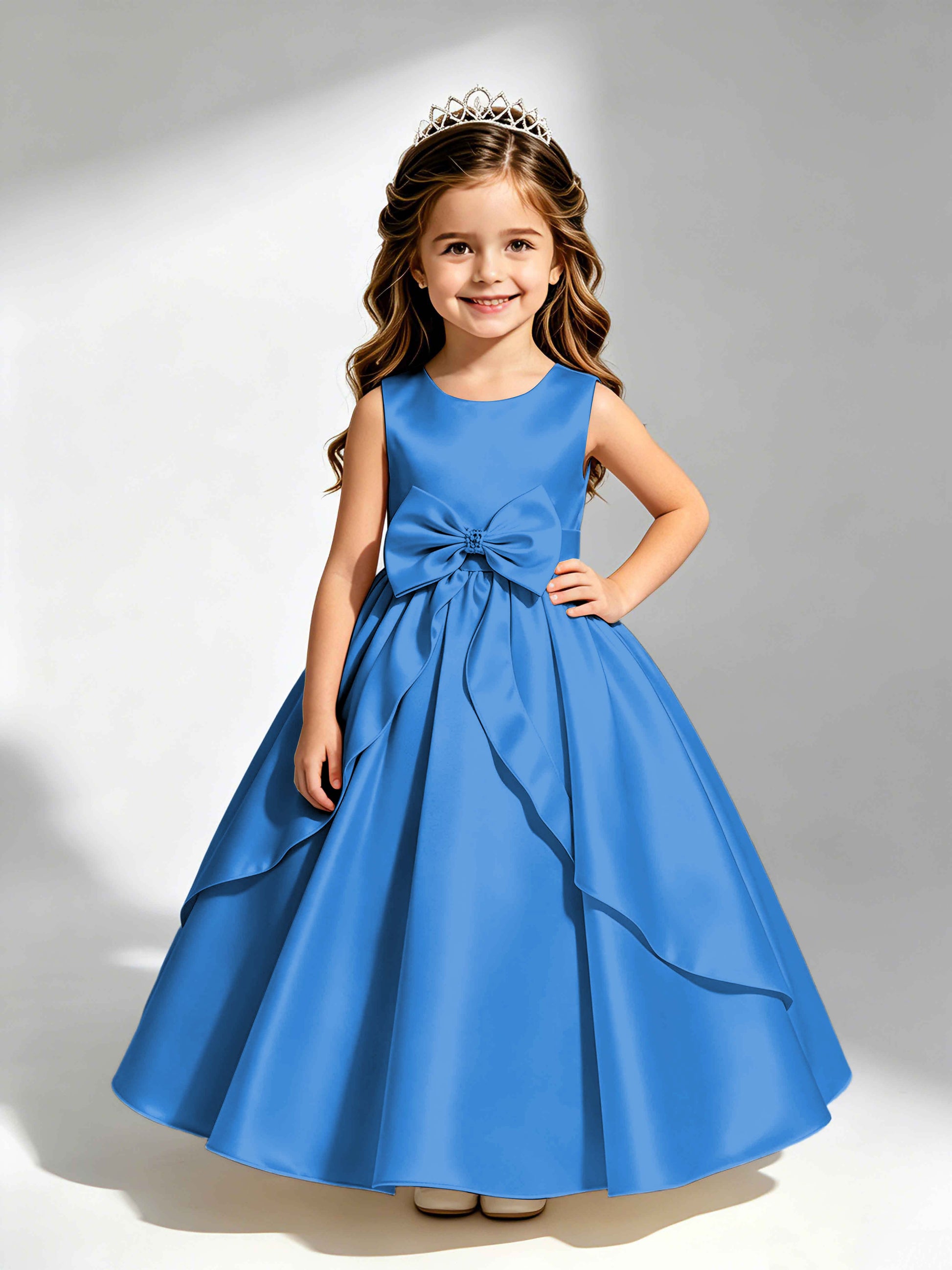 Satin Flower Girl Dress with Bow Princess Girls Pageant Gowns