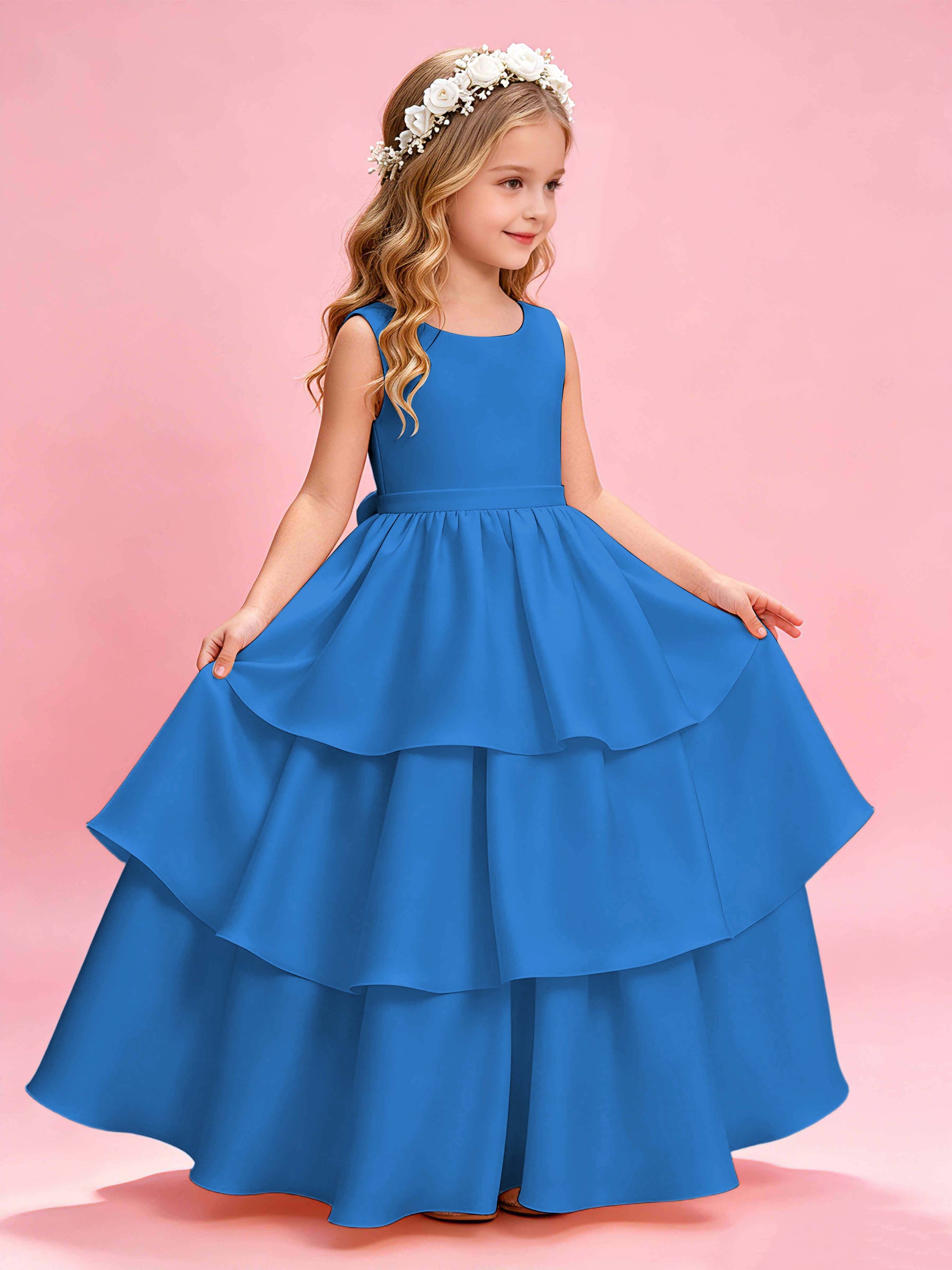 Tiered Flower Girl Dress with Bow Princess Girls Pageant Gowns