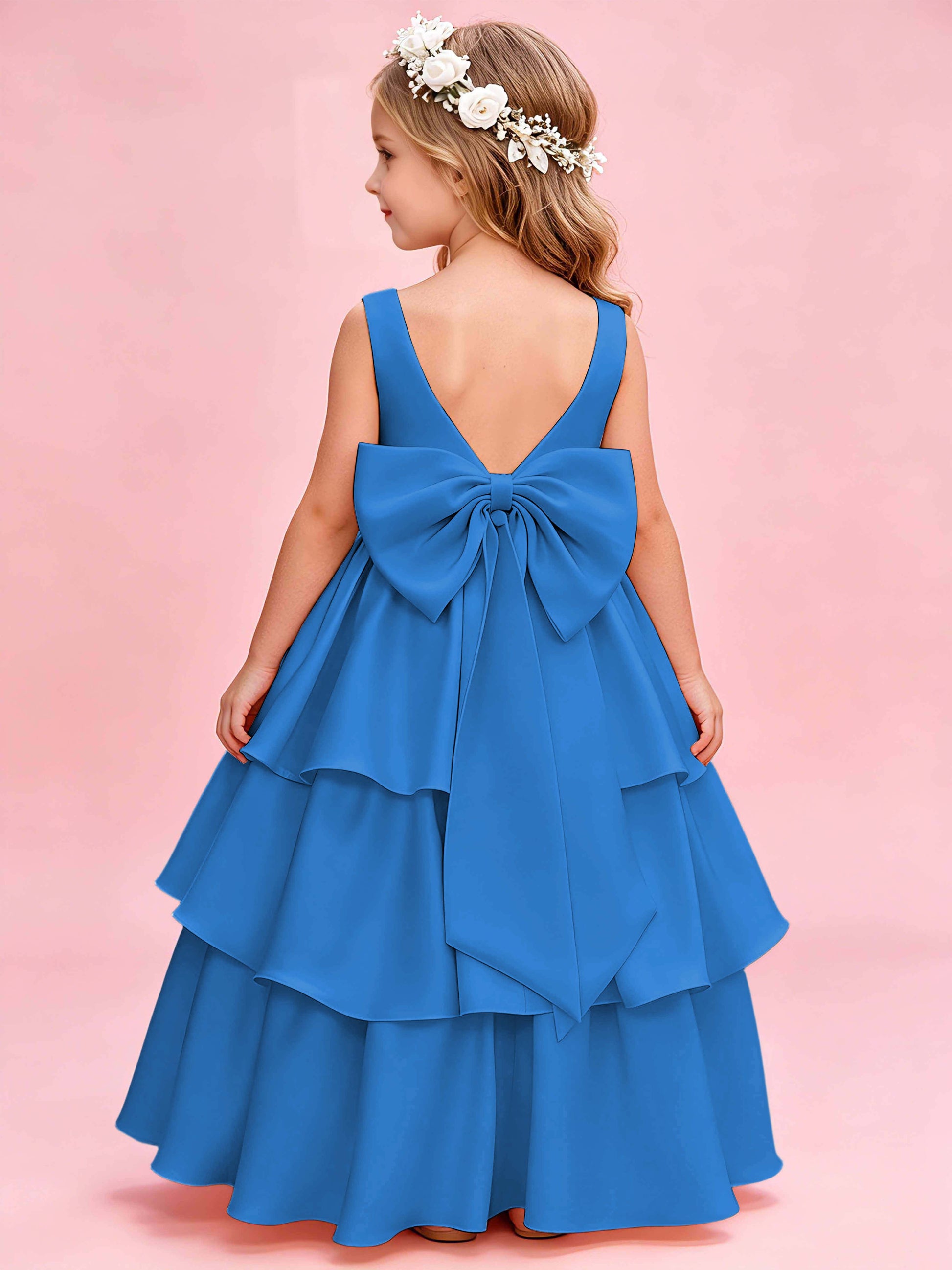 Tiered Flower Girl Dress with Bow Princess Girls Pageant Gowns