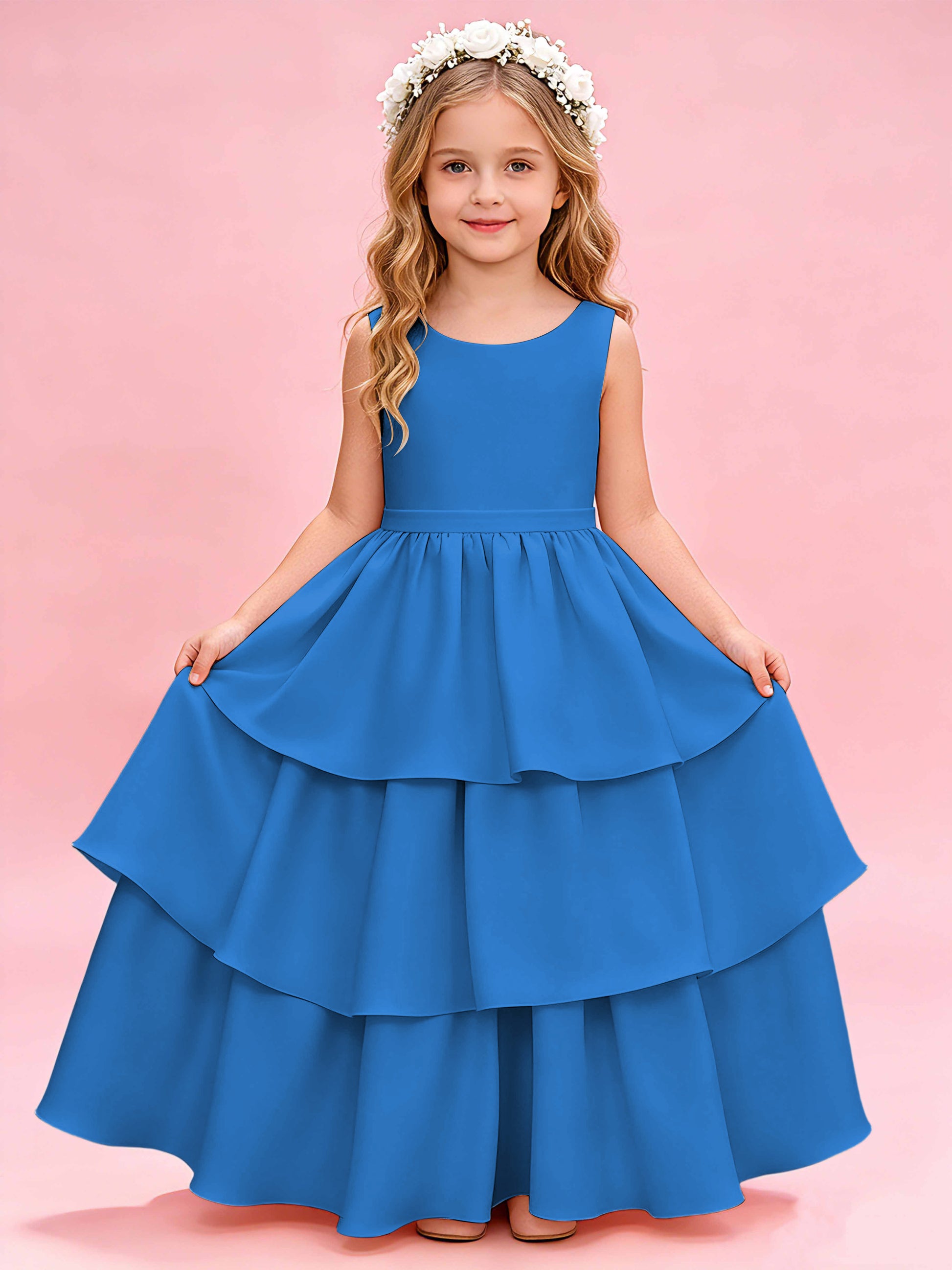 Tiered Flower Girl Dress with Bow Princess Girls Pageant Gowns