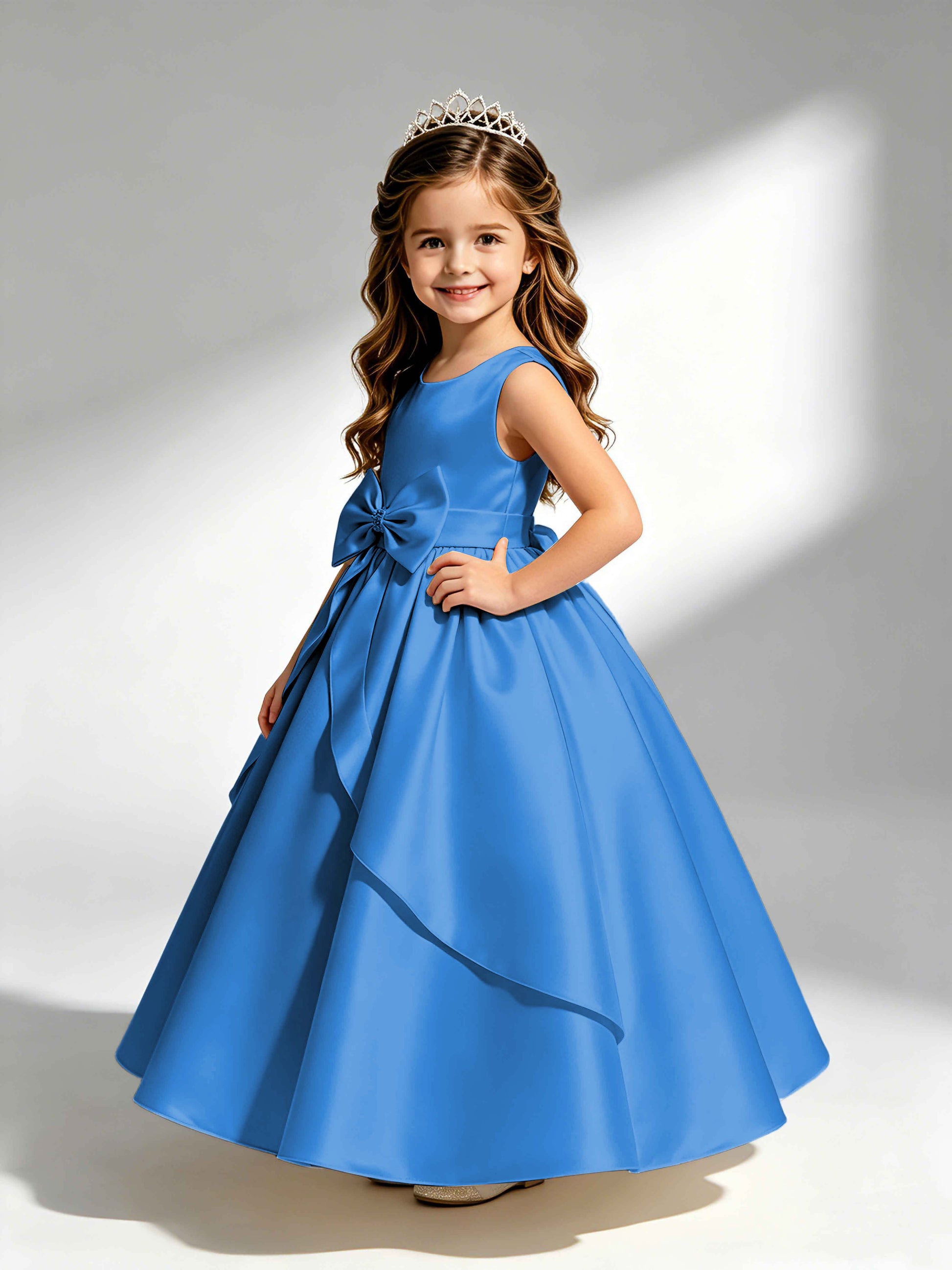 Satin Flower Girl Dress with Bow Princess Girls Pageant Gowns