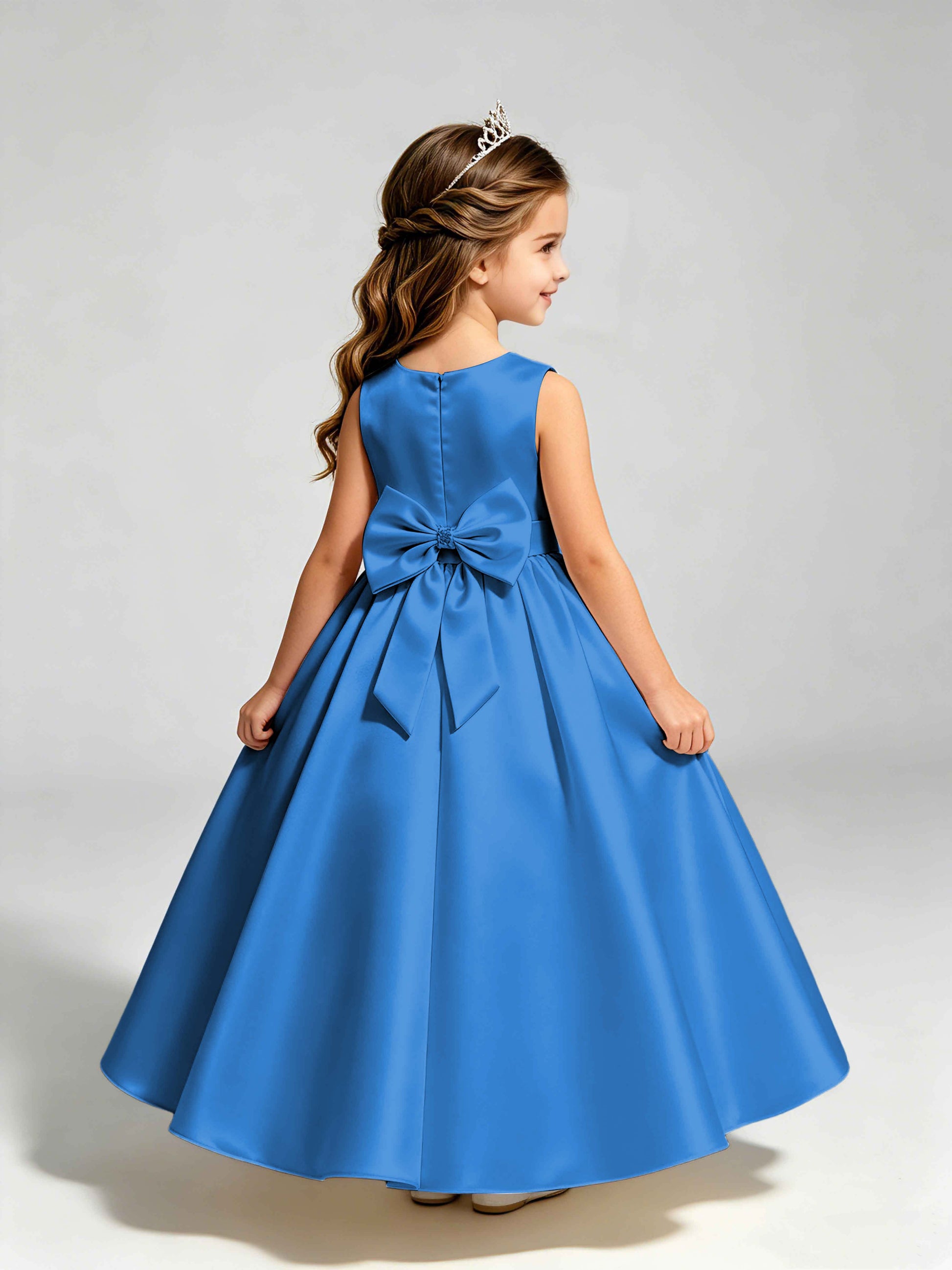 Satin Flower Girl Dress with Bow Princess Girls Pageant Gowns