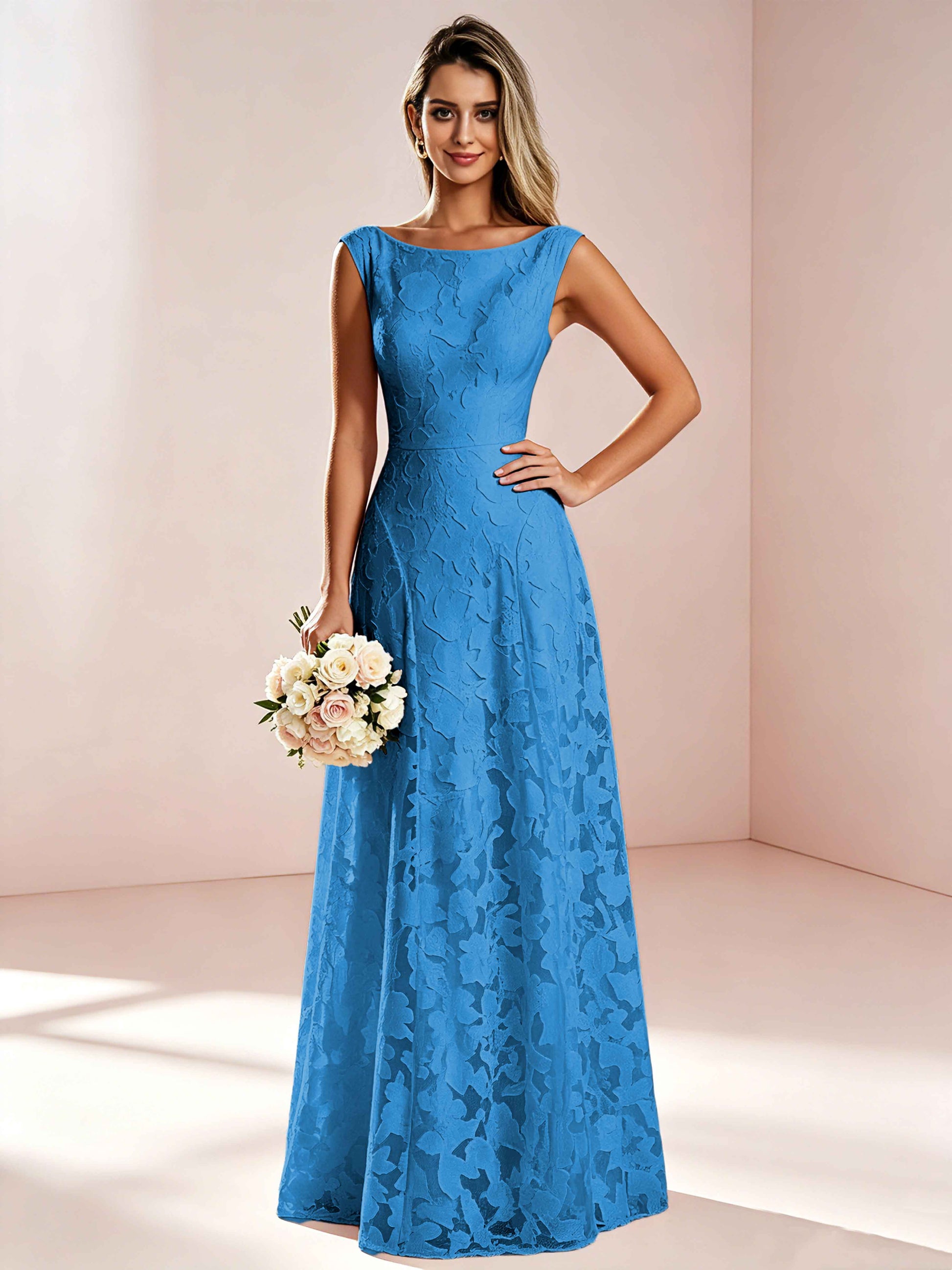Boat Neck Jacquard Chiffon Floor Length Bridesmaid Dresses