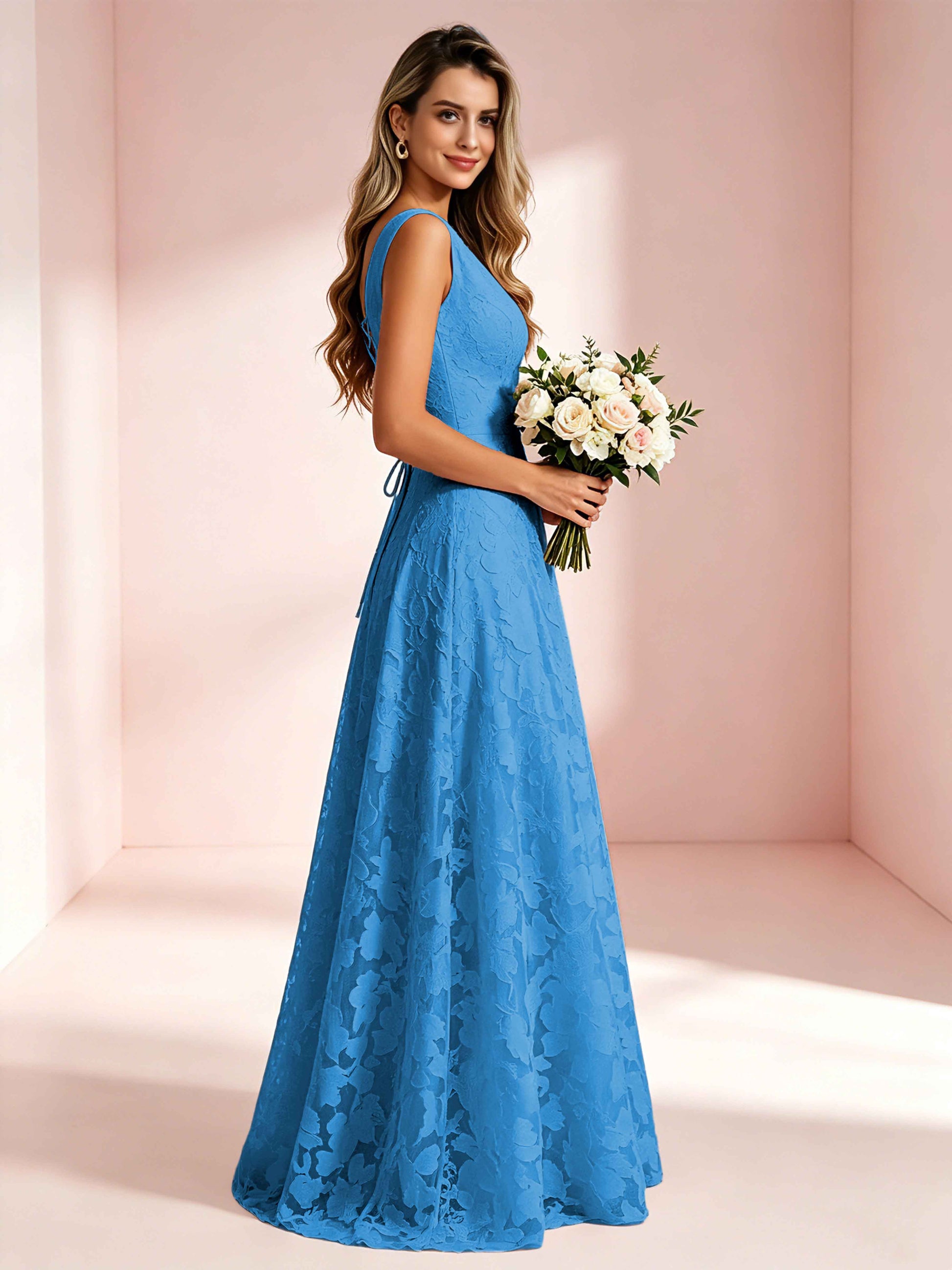 Boat Neck Jacquard Chiffon Floor Length Bridesmaid Dresses