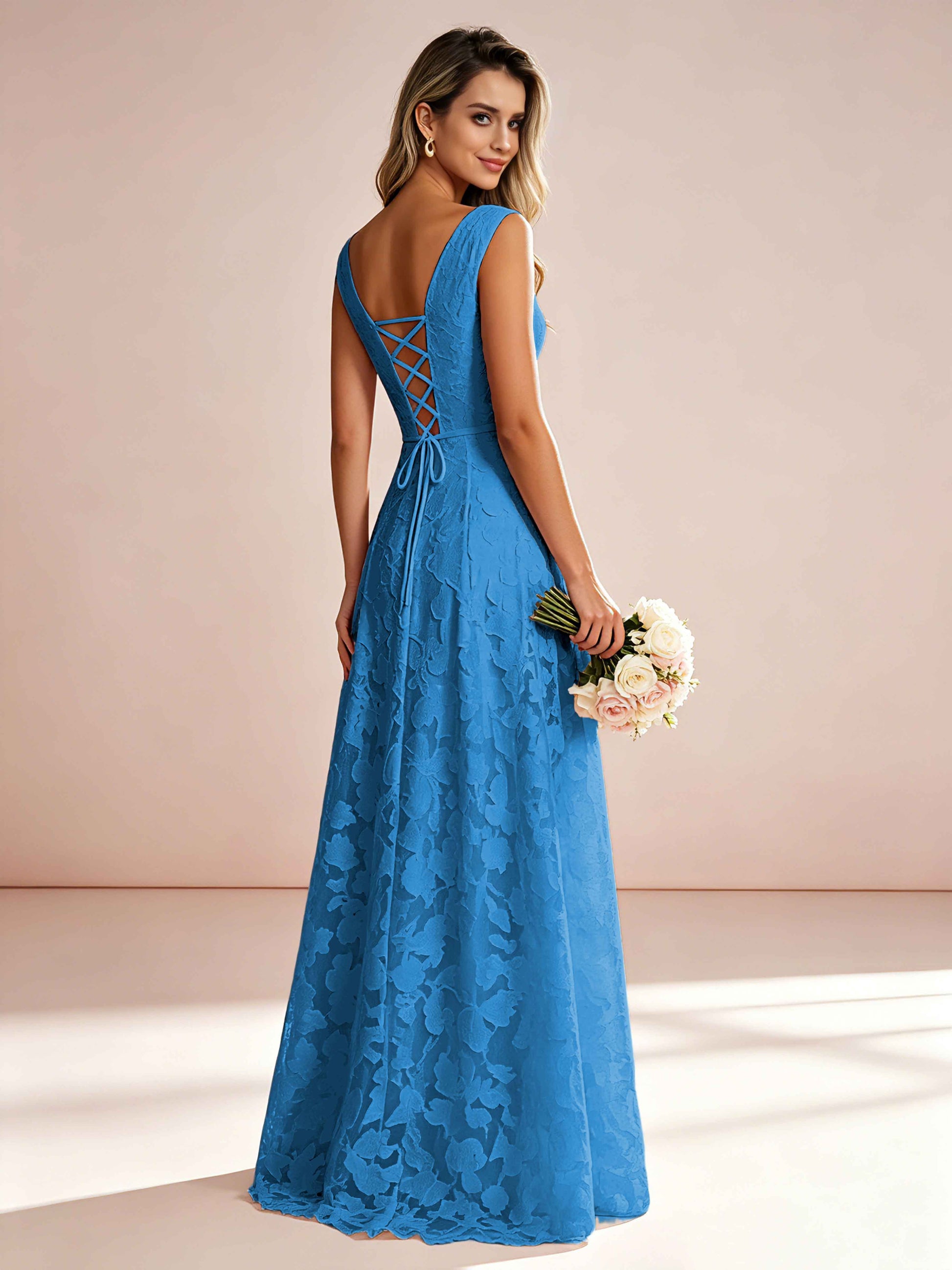Boat Neck Jacquard Chiffon Floor Length Bridesmaid Dresses