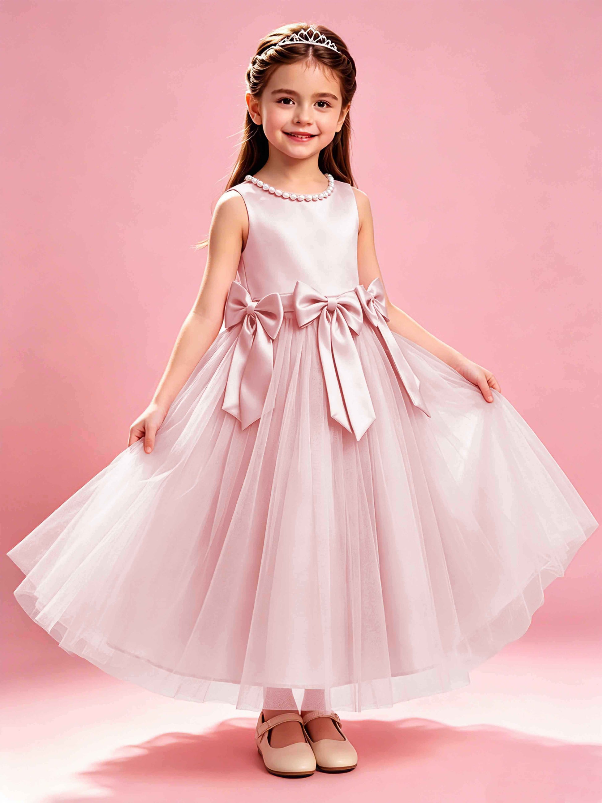 Satin Tulle Flower Girl Dress with Bow Princess Girls Pageant Gowns