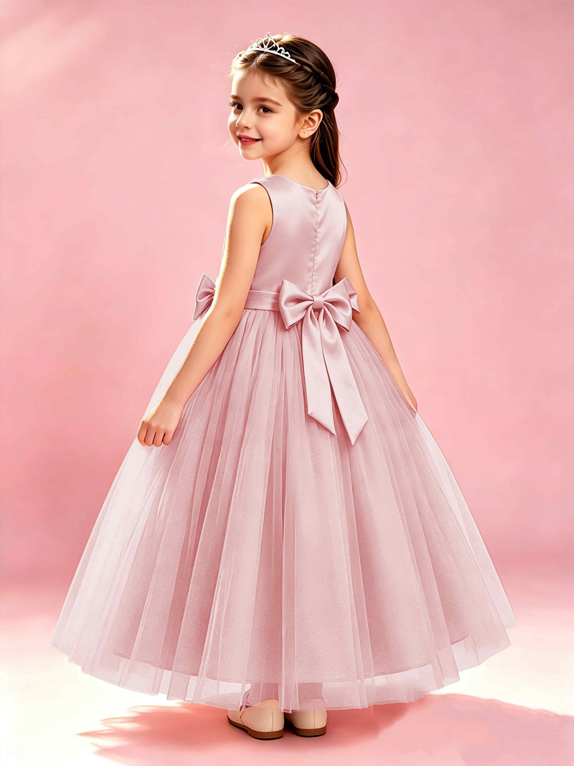 Satin Tulle Flower Girl Dress with Bow Princess Girls Pageant Gowns