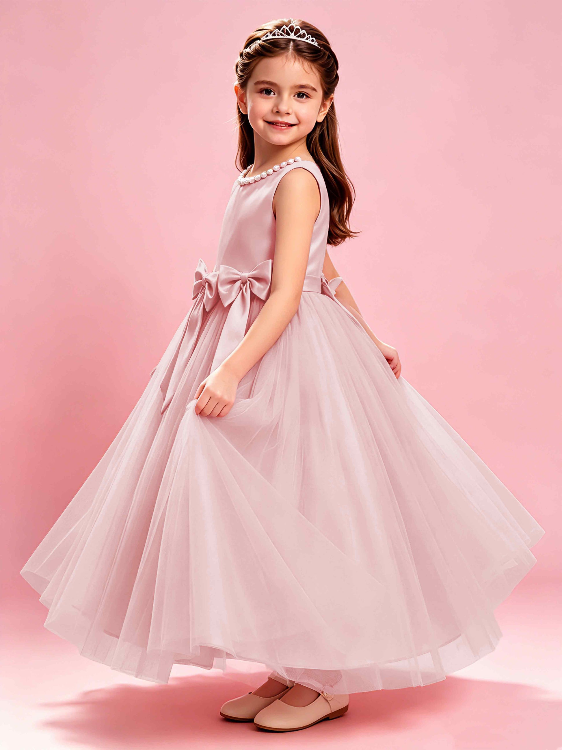 Satin Tulle Flower Girl Dress with Bow Princess Girls Pageant Gowns