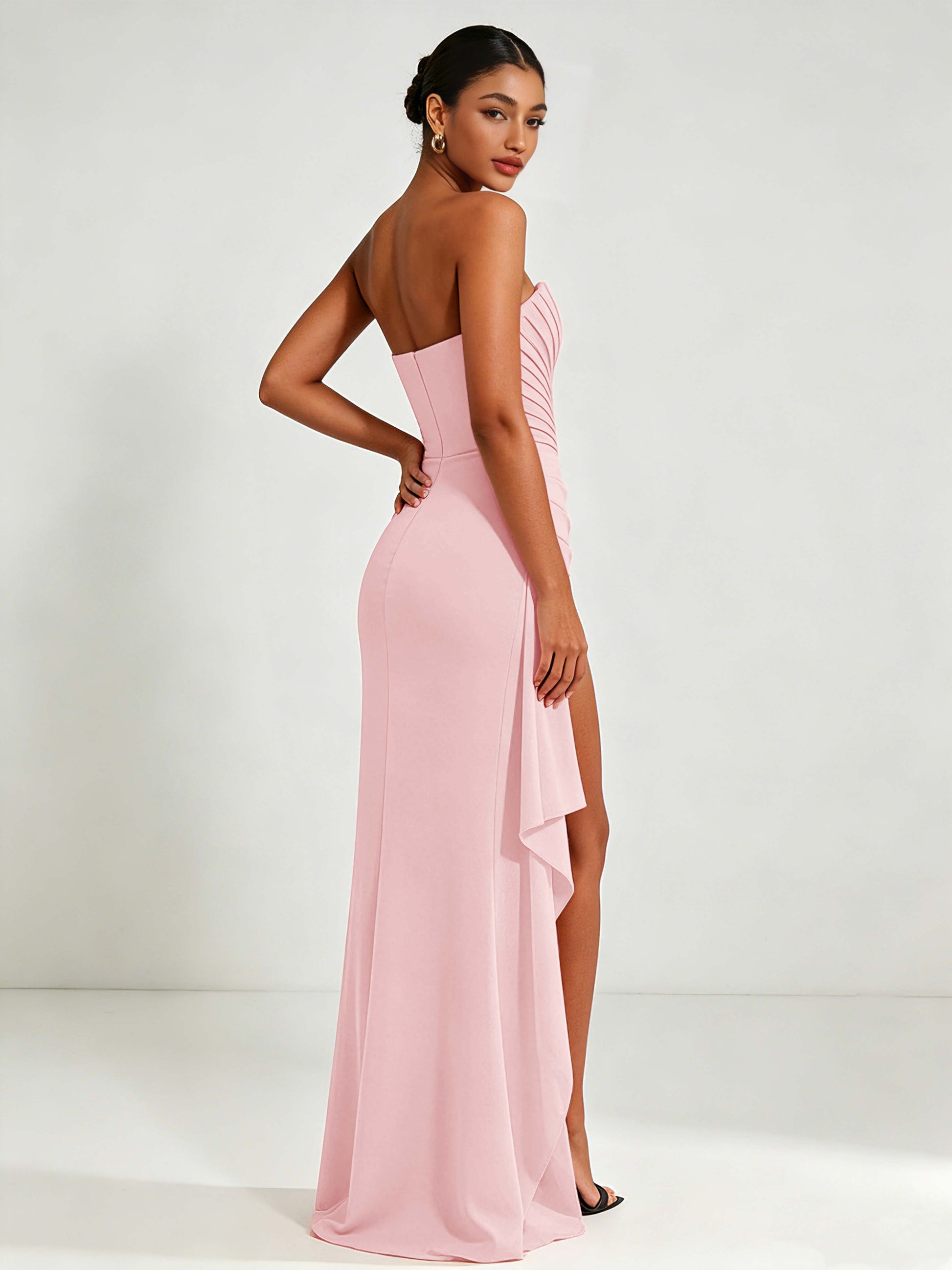 Strapless Ruched Bust Prom Dresses with Ruffle Slit