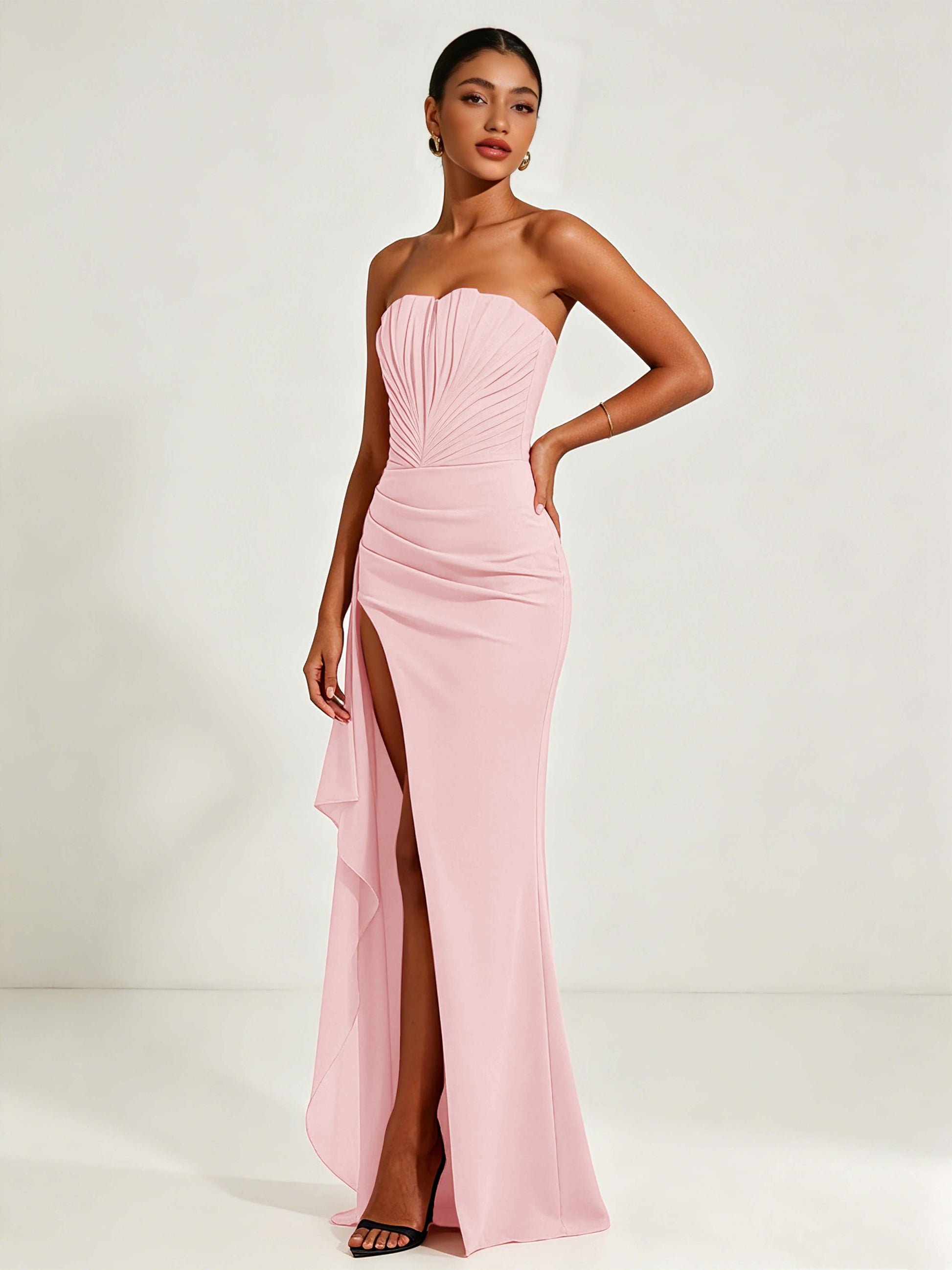 Strapless Ruched Bust Prom Dresses with Ruffle Slit
