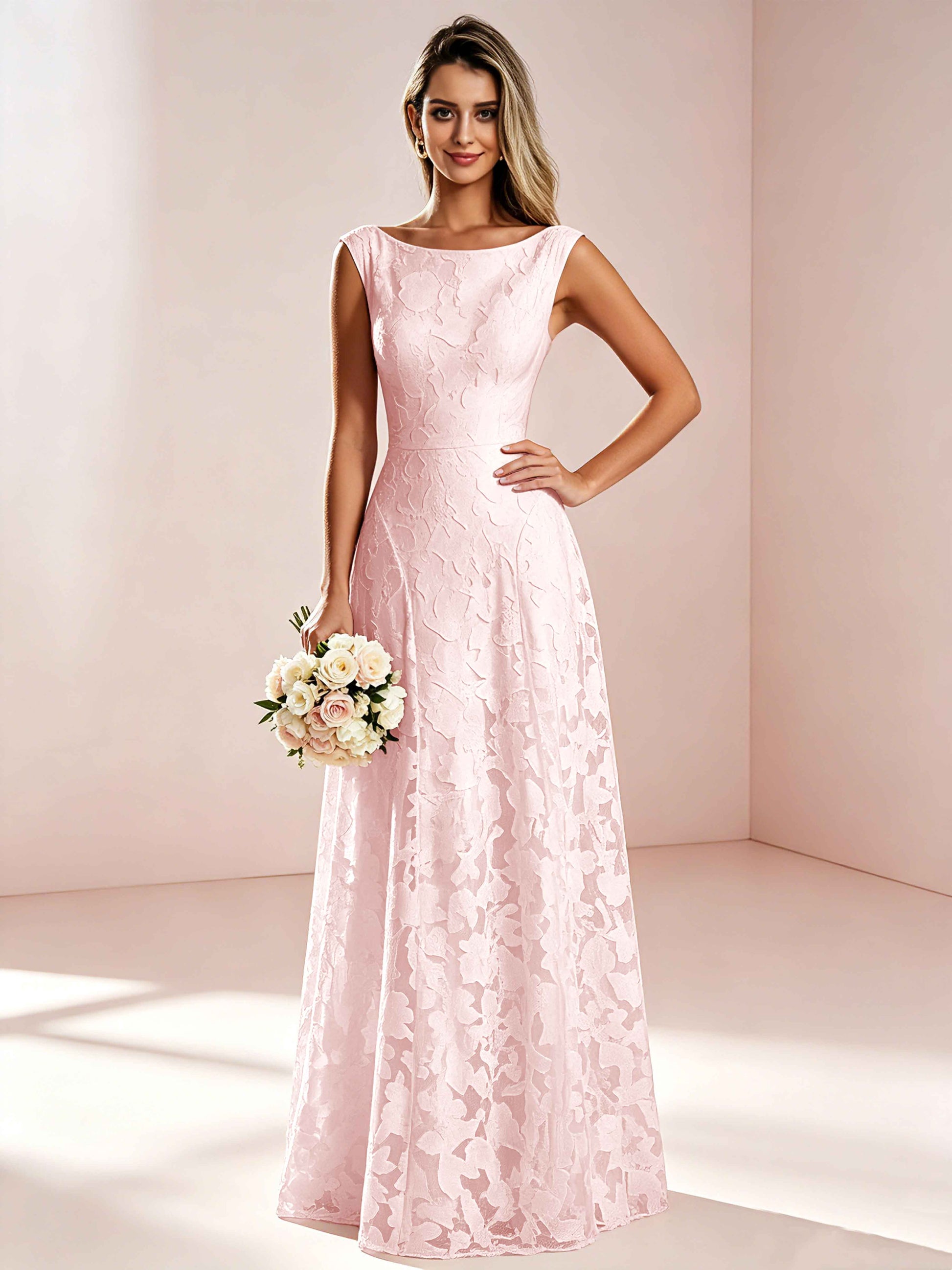 Boat Neck Jacquard Chiffon Floor Length Bridesmaid Dresses