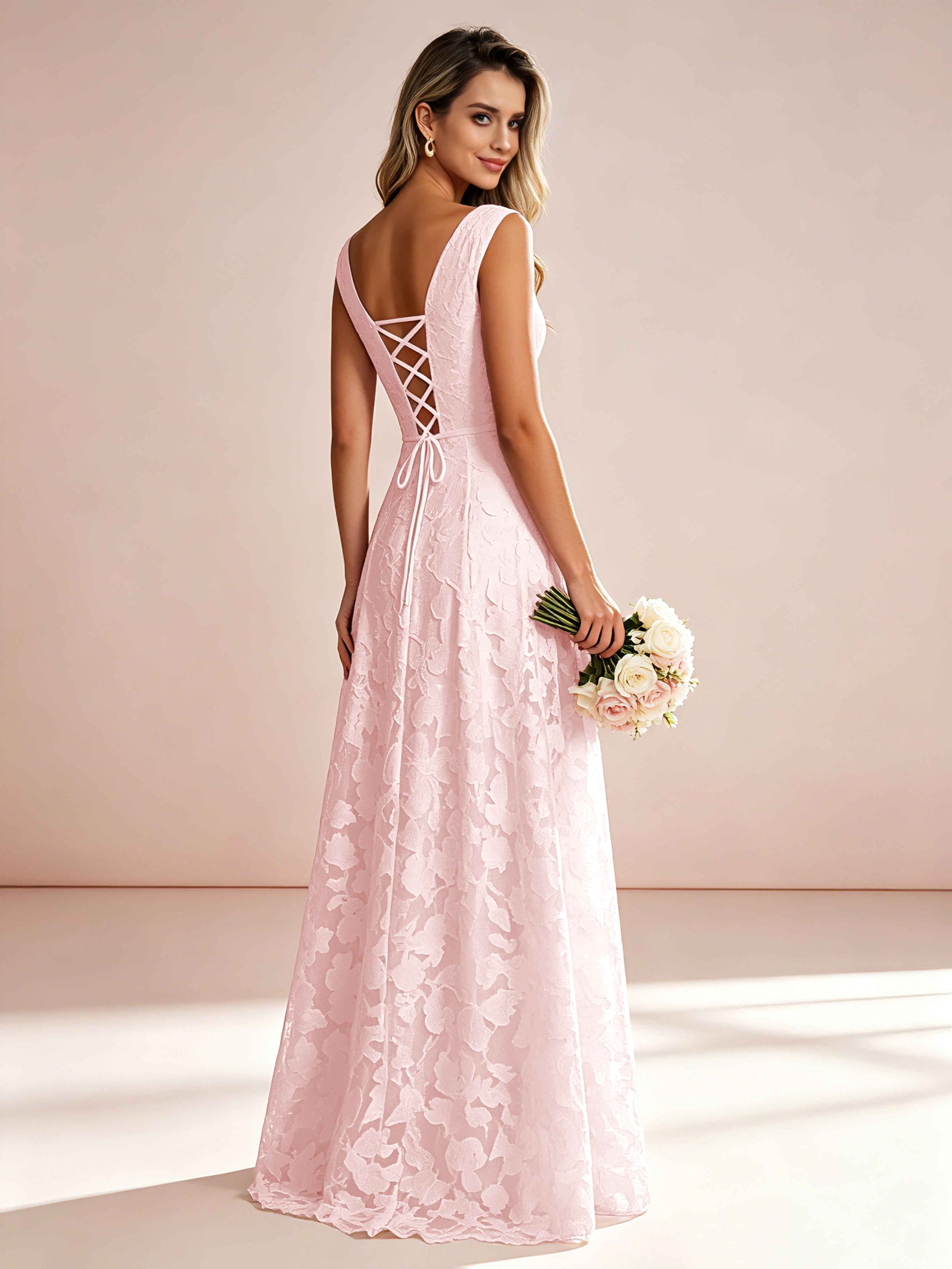 Boat Neck Jacquard Chiffon Floor Length Bridesmaid Dresses