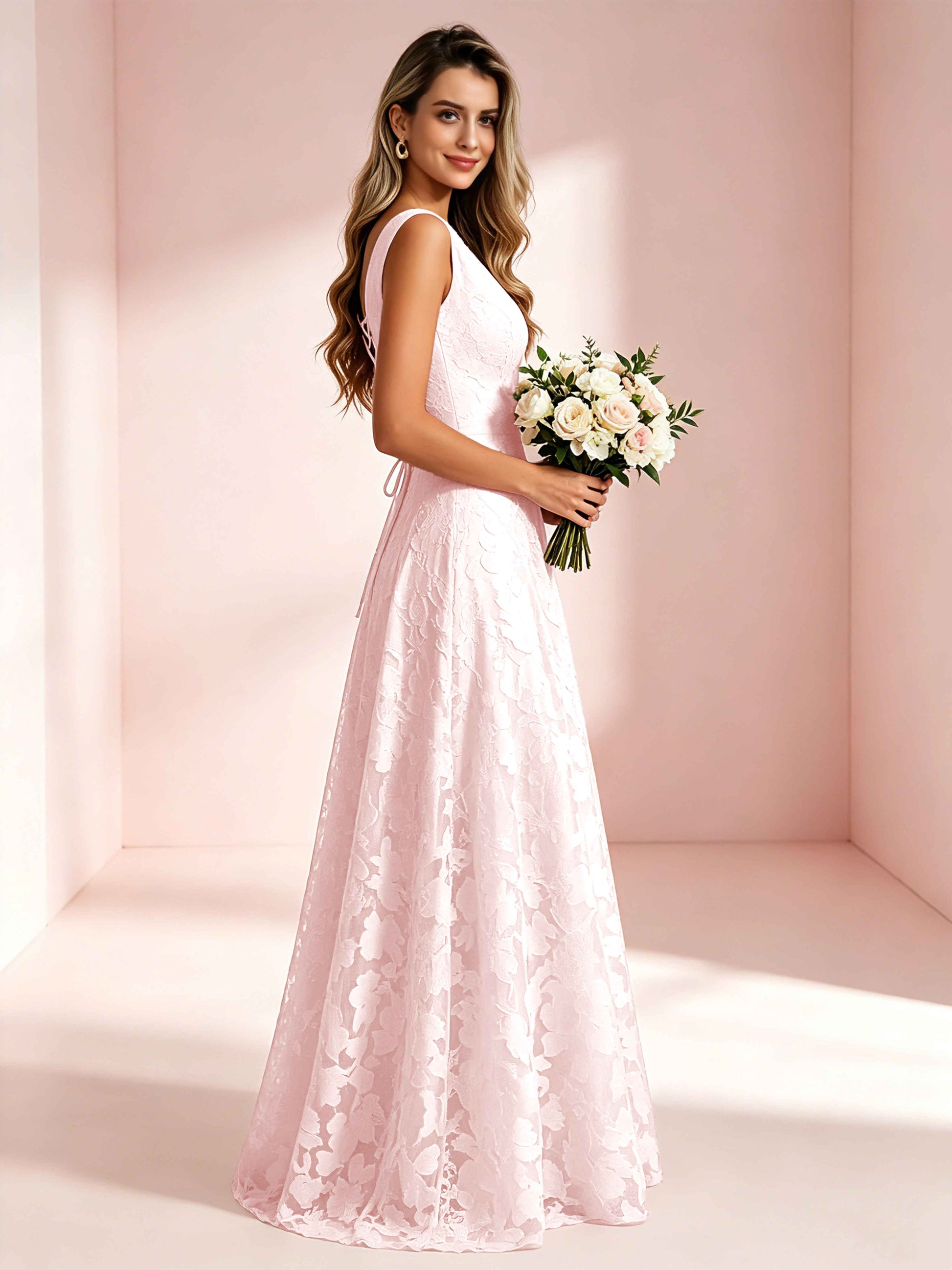 Boat Neck Jacquard Chiffon Floor Length Bridesmaid Dresses