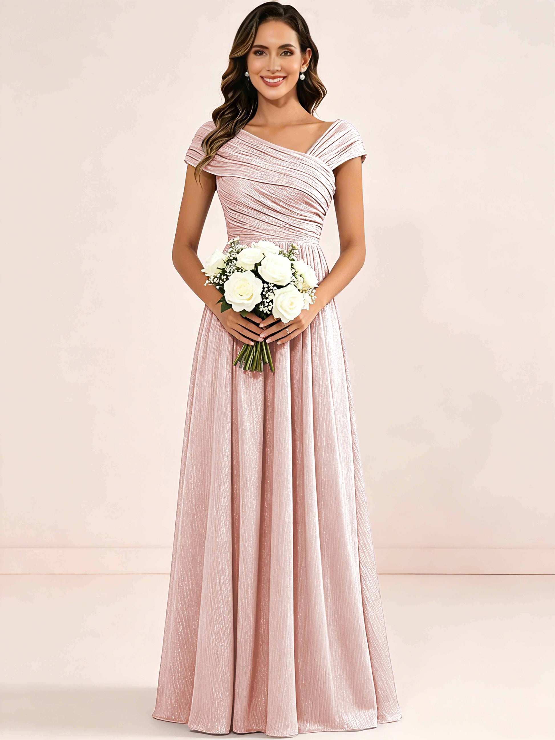 Shiny Striped Chiffon Ruched Cap Sleeve Mother of The Bride Dress