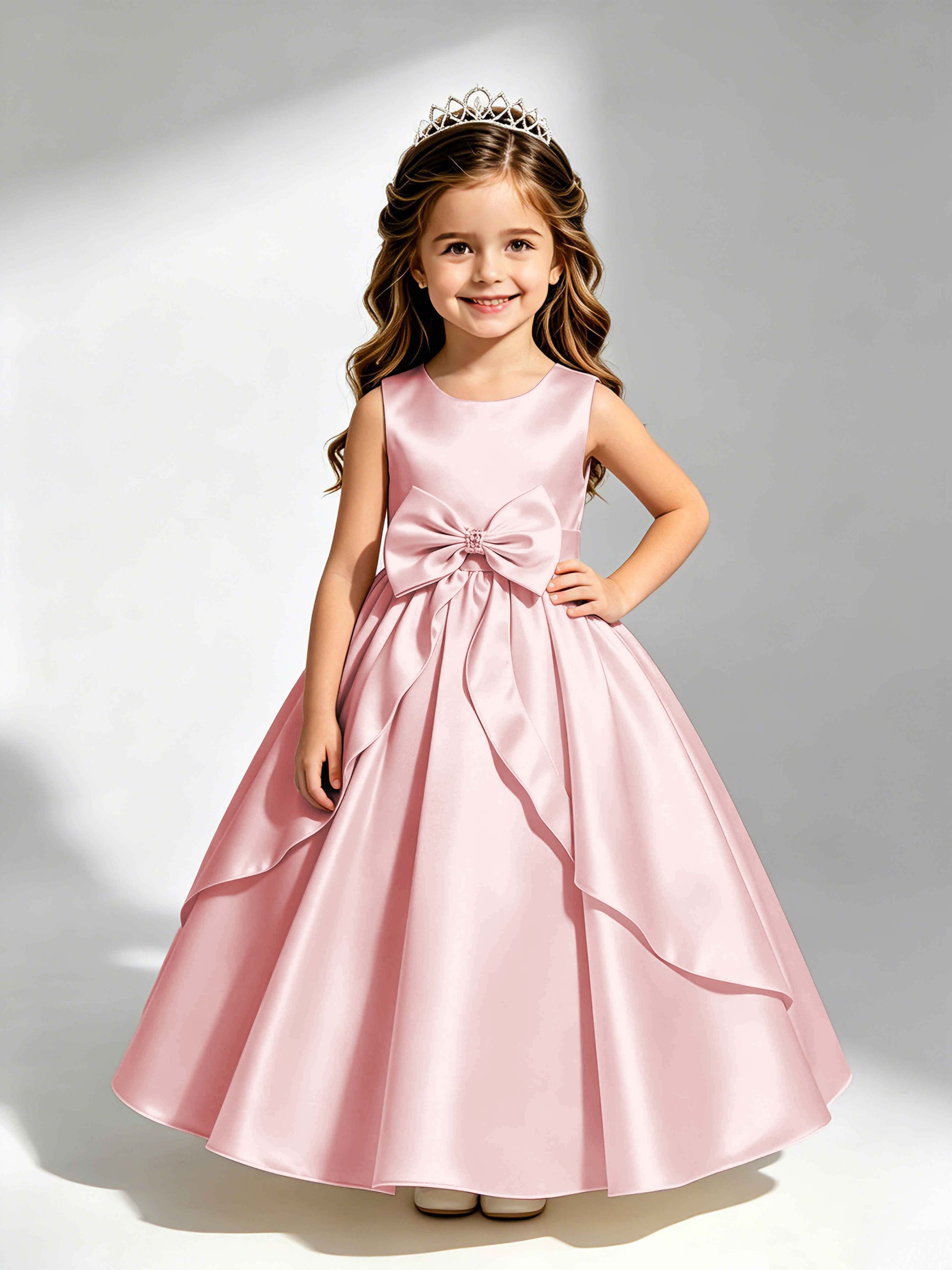 Satin Flower Girl Dress with Bow Princess Girls Pageant Gowns