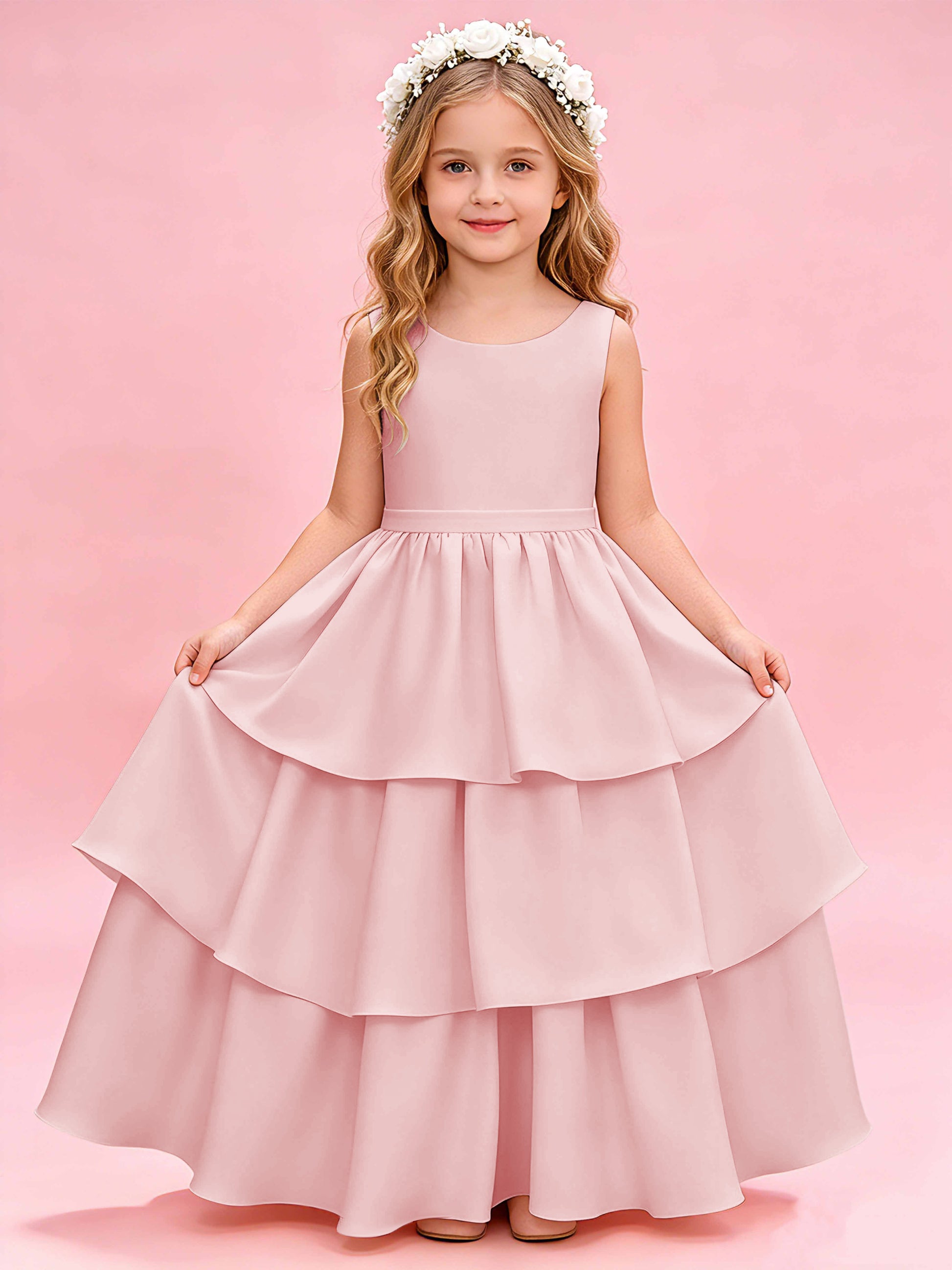 Tiered Flower Girl Dress with Bow Princess Girls Pageant Gowns