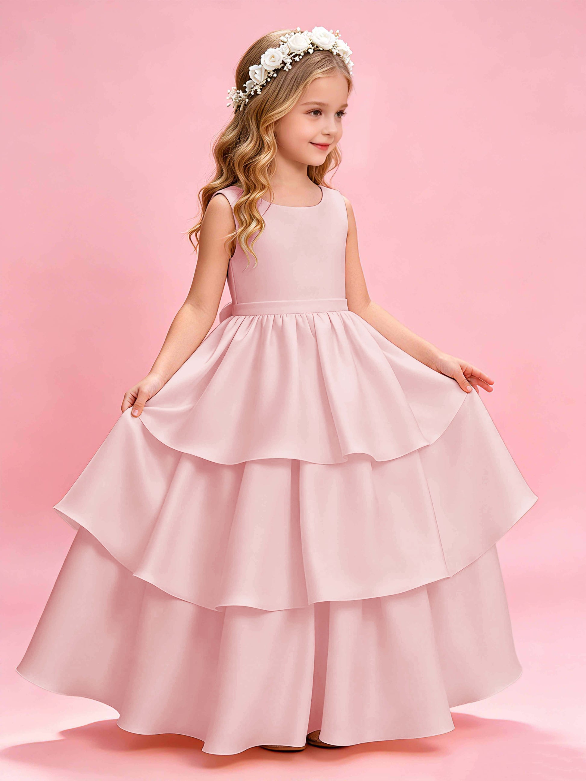 Tiered Flower Girl Dress with Bow Princess Girls Pageant Gowns