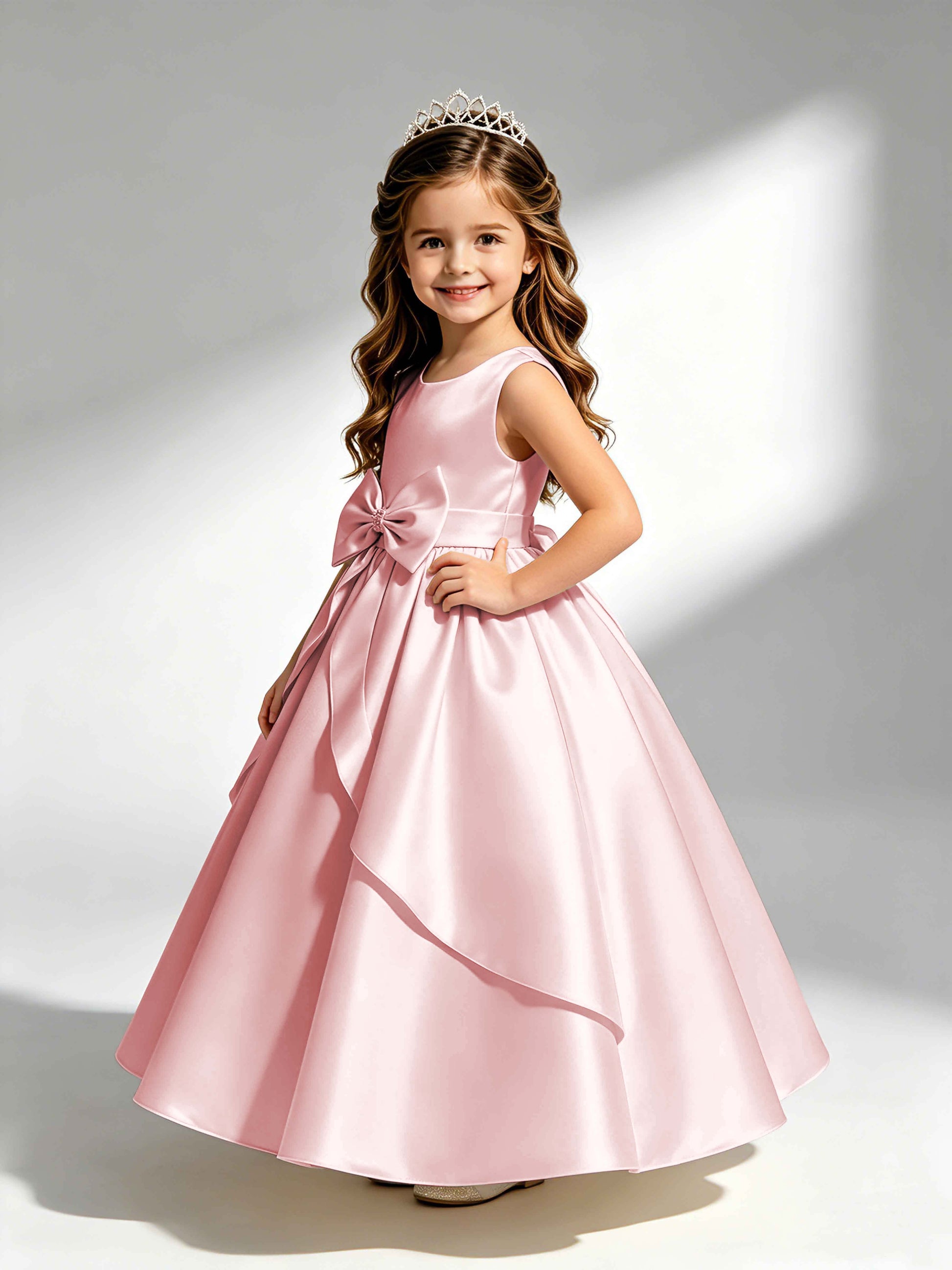 Satin Flower Girl Dress with Bow Princess Girls Pageant Gowns